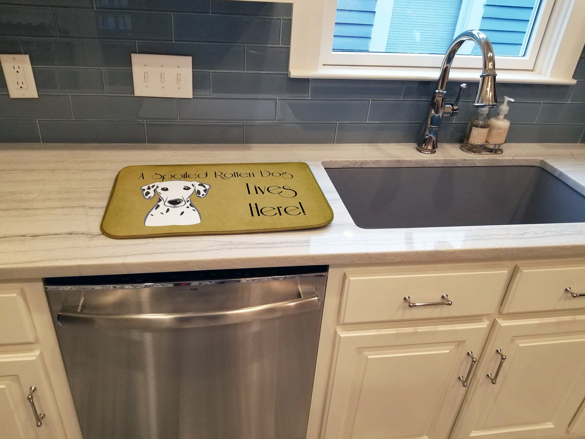 Dalmatian Spoiled Dog Lives Here Dish Drying Mat Absorbent Dish Drying Mat Pad for Kitchen Counter Dish Drainer Mat for Countertop, 14 x 21", Multicolor