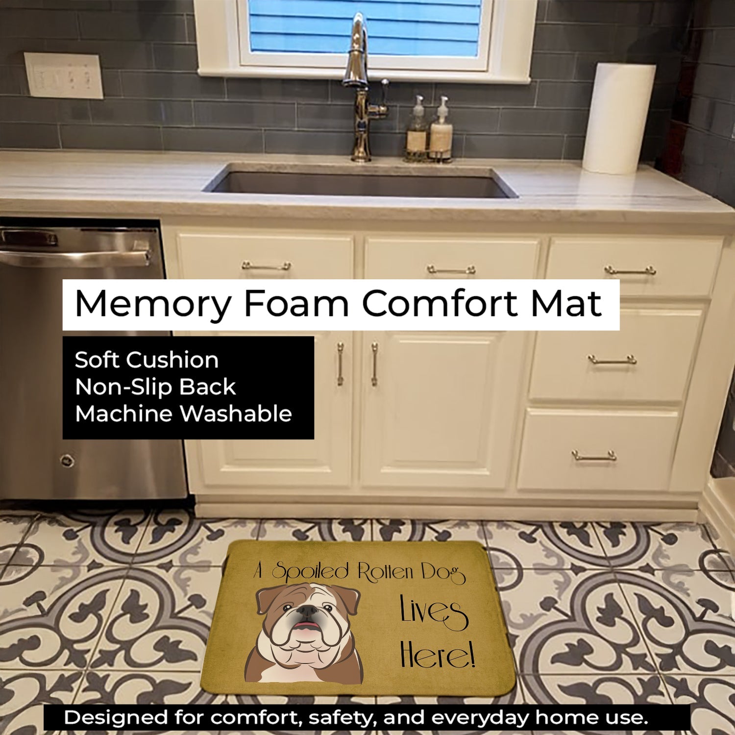 English Bulldog Spoiled Dog Lives Here Memory Foam Kitchen Mat Machine Washable Anti-Fatigue Cushion Comfort Bath or Kitchen Rug