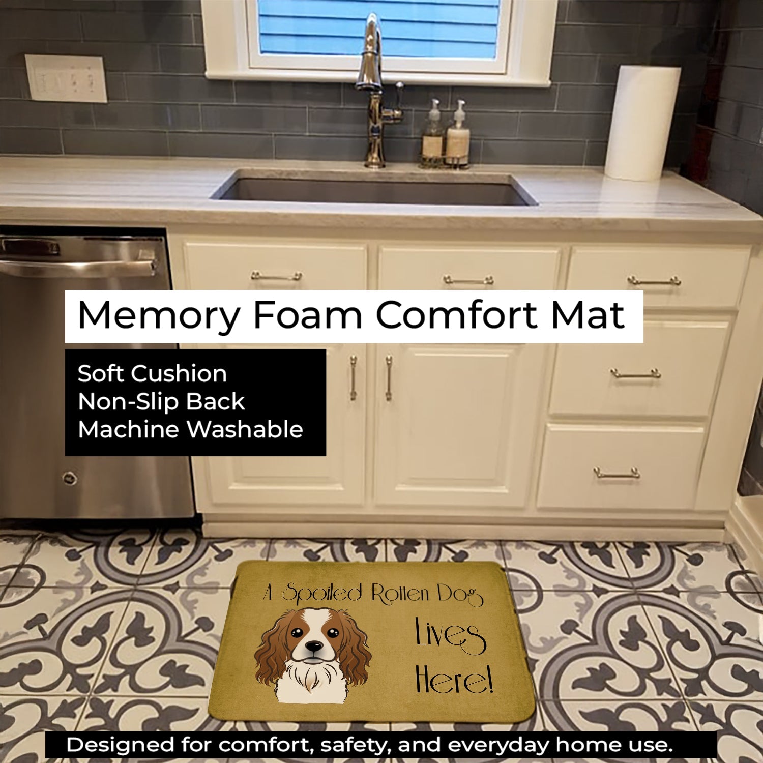 Cavalier Spaniel Spoiled Dog Lives Here Memory Foam Kitchen Mat Machine Washable Anti-Fatigue Cushion Comfort Bath or Kitchen Rug