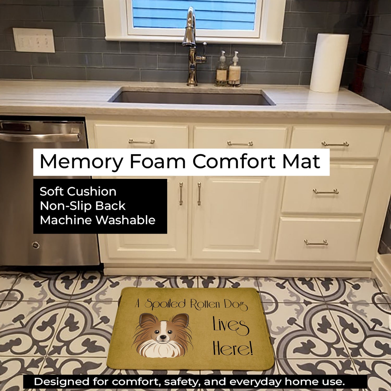 Papillon Spoiled Dog Lives Here Memory Foam Kitchen Mat Machine Washable Anti-Fatigue Cushion Comfort Bath or Kitchen Rug