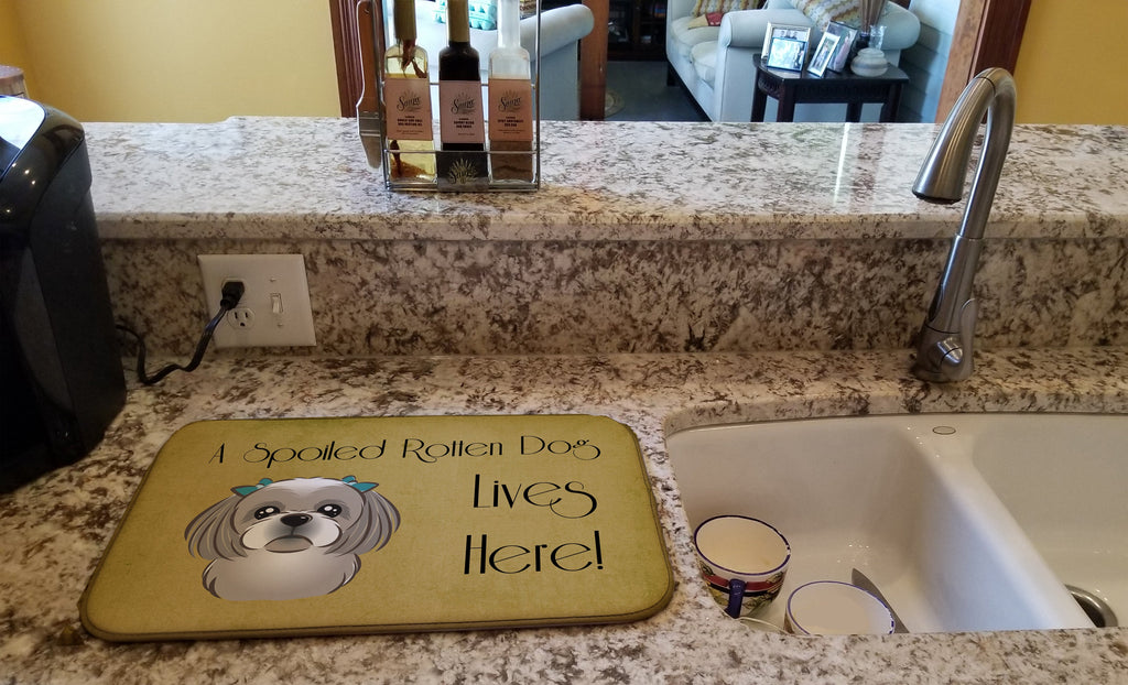 Gray Silver Shih Tzu Spoiled Dog Lives Here Dish Drying Mat Absorbent Dish Drying Mat Pad for Kitchen Counter Dish Drainer Mat for Countertop, 14 x 21", Multicolor