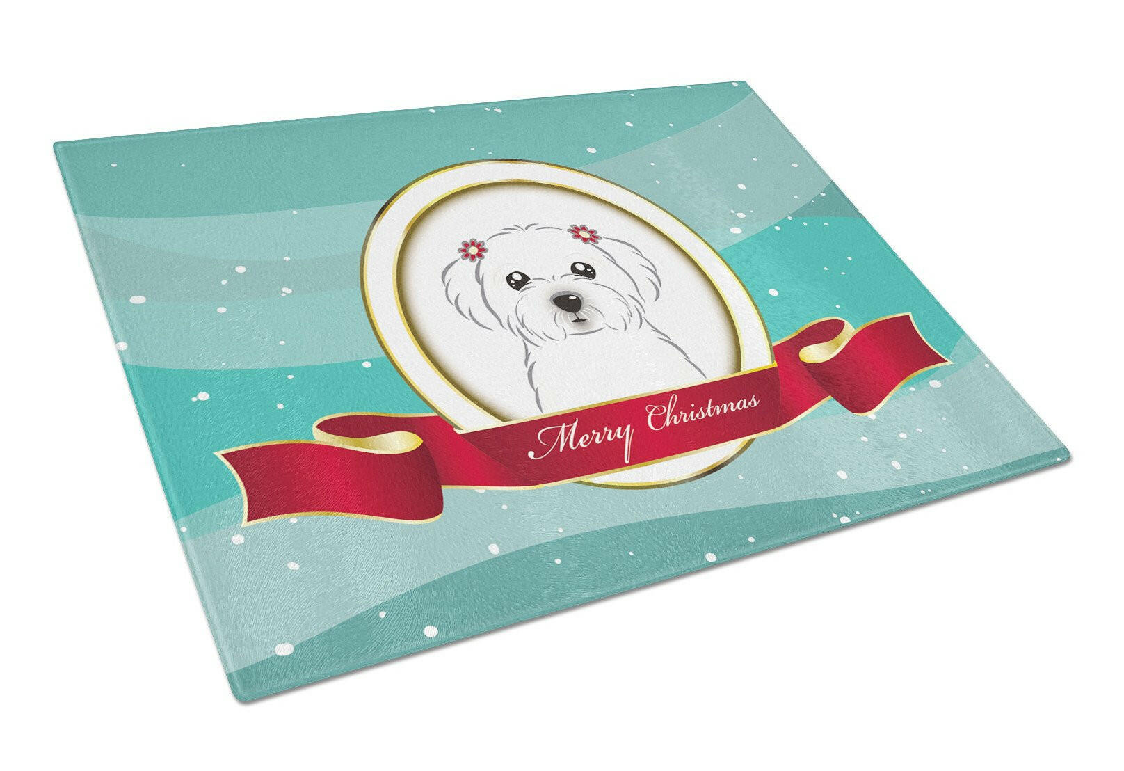 Maltese Merry Christmas Cutting Board Tempered Glass Kitchen Cutting Surface, Heat Resistant Chopping, Non-Slip Feet, Food Prep & Serving