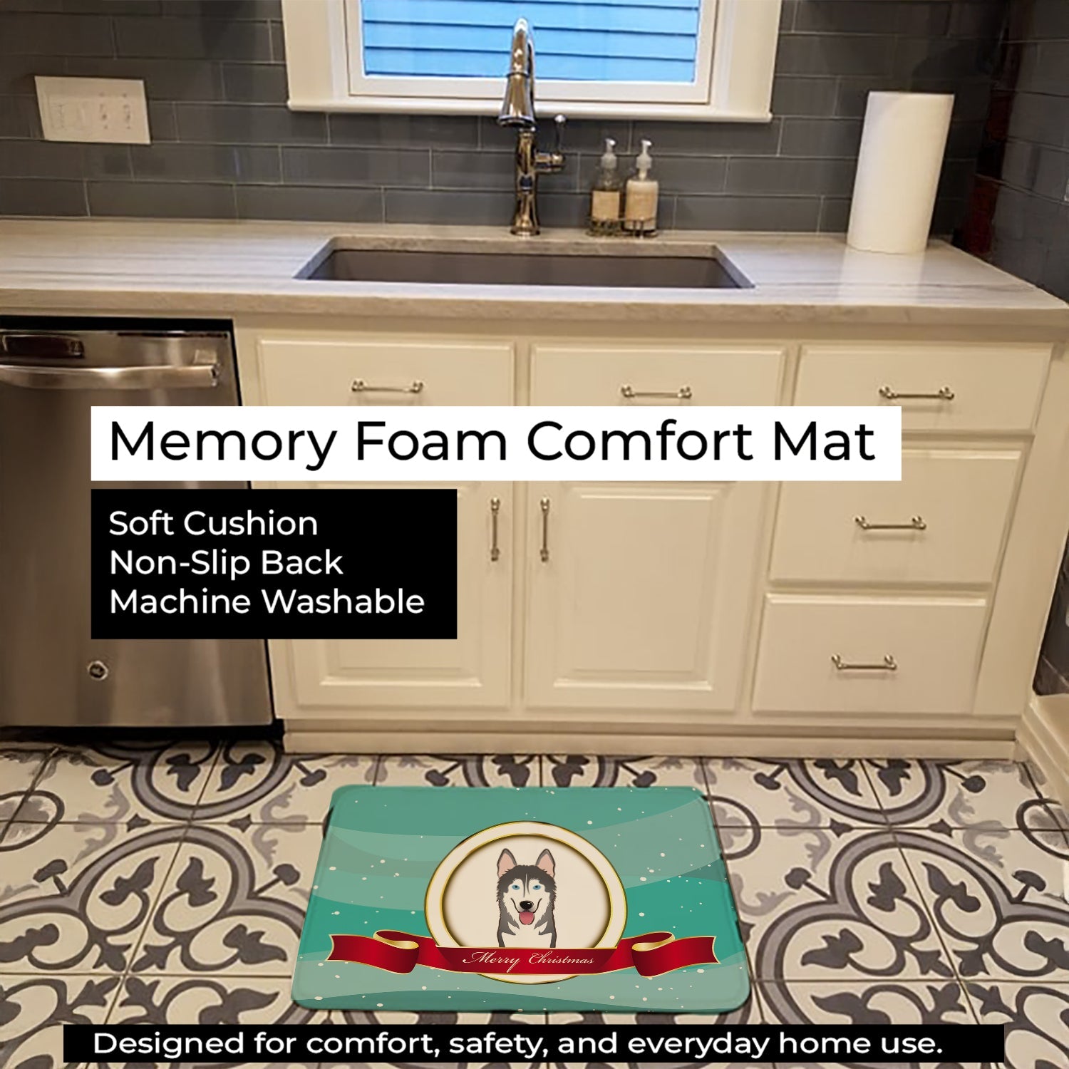 Alaskan Malamute Merry Christmas Memory Foam Kitchen Mat Machine Washable Anti-Fatigue Cushion Comfort Bath or Kitchen Rug