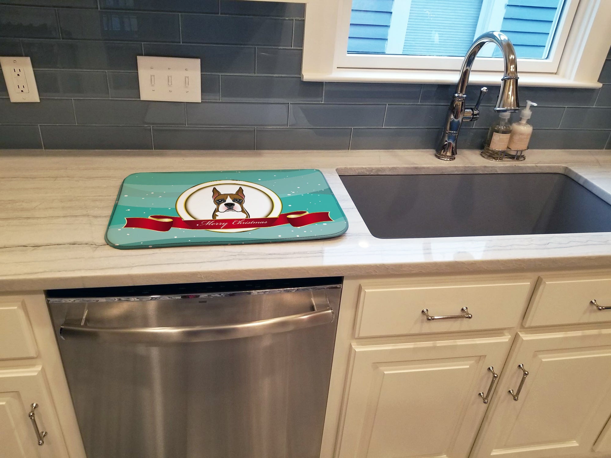 Boxer Merry Christmas Dish Drying Mat Absorbent Dish Drying Mat Pad for Kitchen Counter Dish Drainer Mat for Countertop, 14 x 21", Multicolor