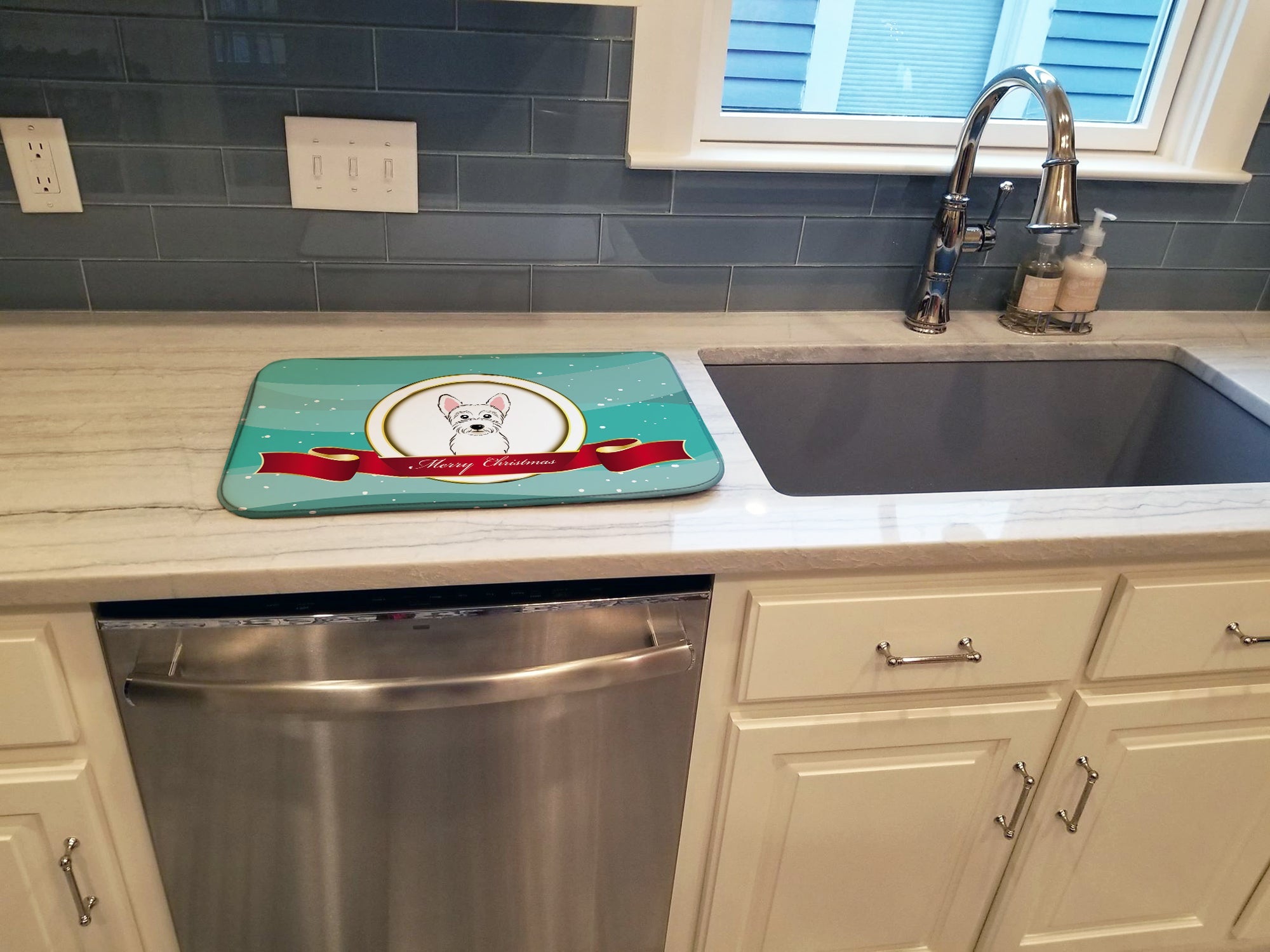 Westie Merry Christmas Dish Drying Mat Absorbent Dish Drying Mat Pad for Kitchen Counter Dish Drainer Mat for Countertop, 14 x 21", Multicolor