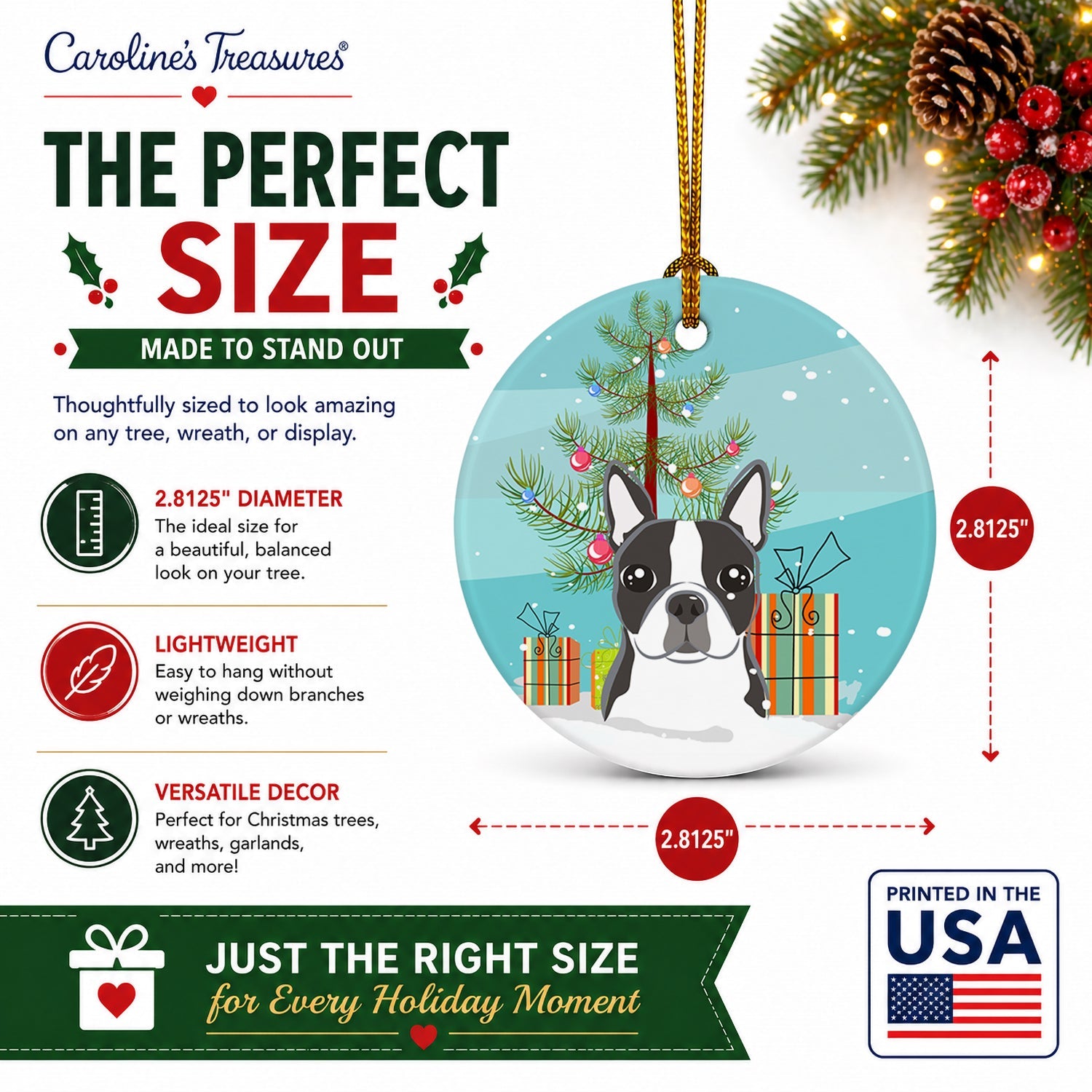 Christmas Tree and Boston Terrier Ceramic Ornament Christmas Tree Hanging Decorations for Home Christmas Holiday, Party, Gift, 3 in, Multicolor