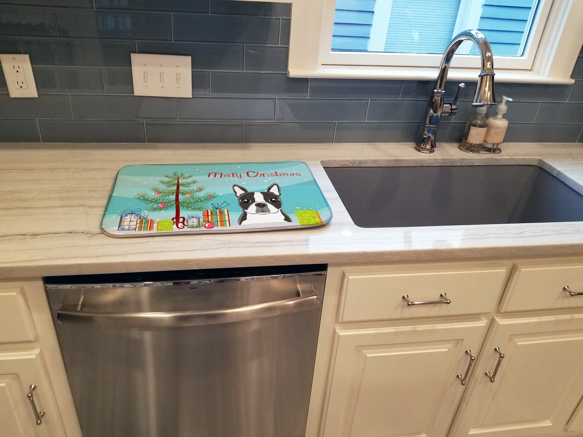 Christmas Tree and Boston Terrier Dish Drying Mat Absorbent Dish Drying Mat Pad for Kitchen Counter Dish Drainer Mat for Countertop, 14 x 21", Multicolor