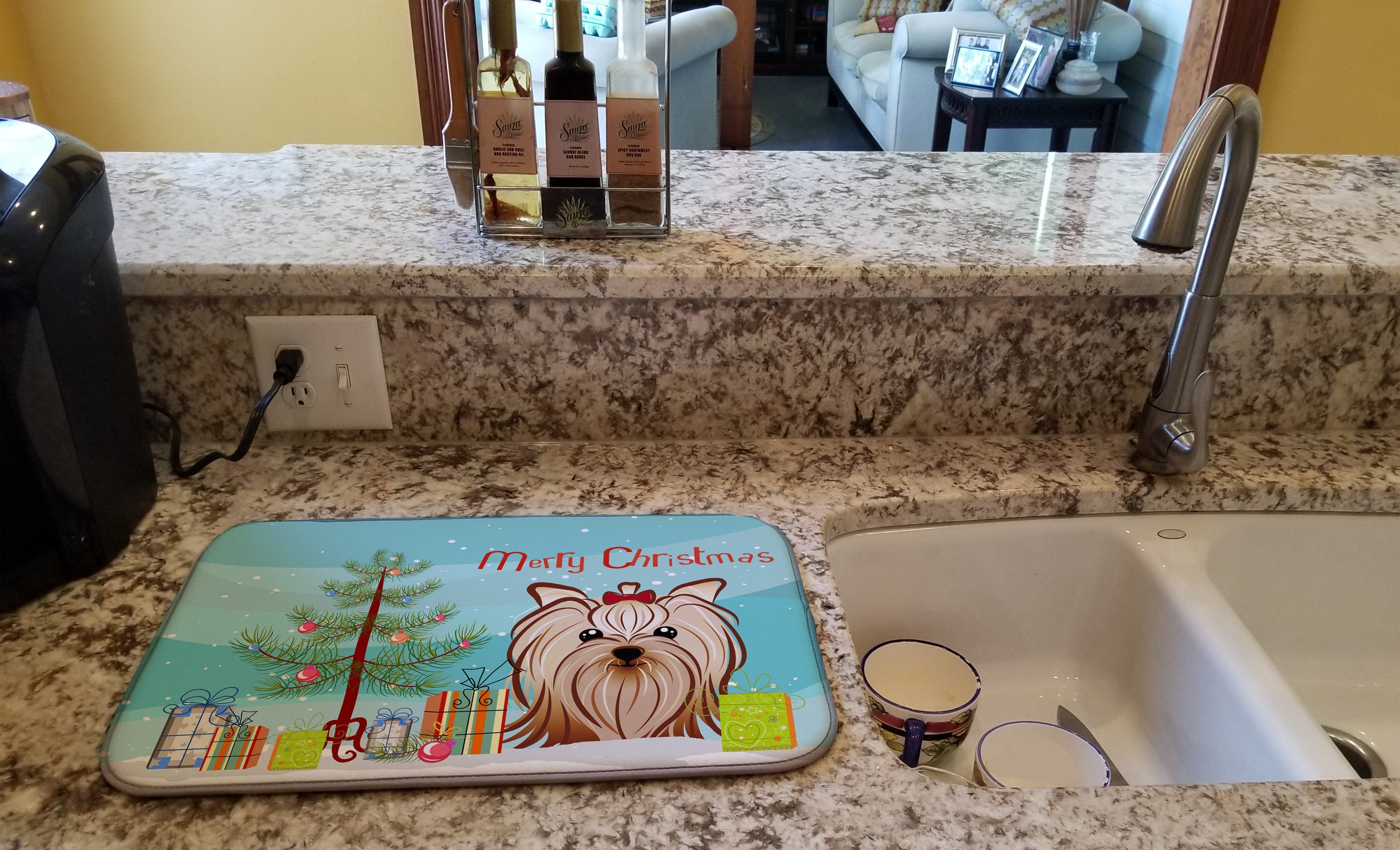 Christmas Tree and Yorkie Yorkishire Terrier Dish Drying Mat Absorbent Dish Drying Mat Pad for Kitchen Counter Dish Drainer Mat for Countertop, 14 x 21", Multicolor