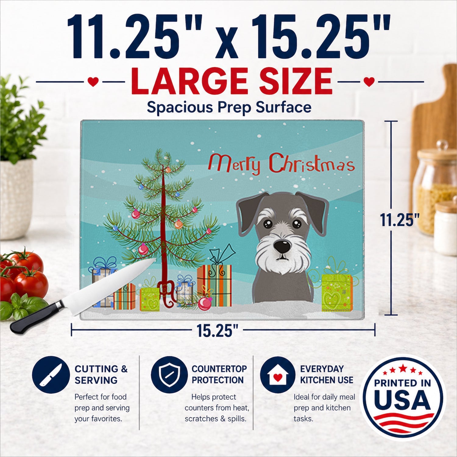Christmas Tree and Schnauzer Cutting Board Tempered Glass Kitchen Cutting Surface, Heat Resistant Chopping, Non-Slip Feet, Food Prep & Serving