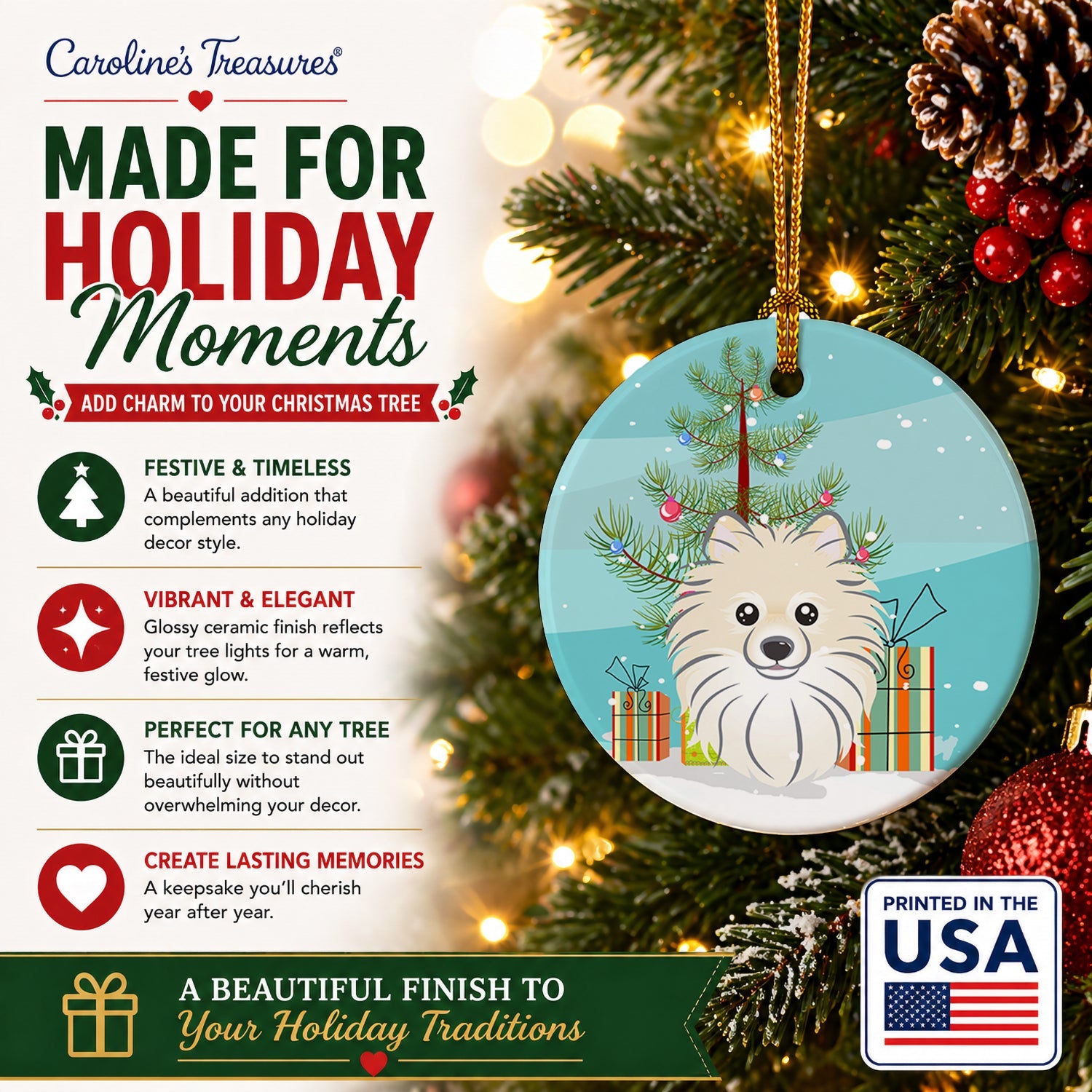 Christmas Tree and Pomeranian Ceramic Ornament Christmas Tree Hanging Decorations for Home Christmas Holiday, Party, Gift, 3 in, Multicolor
