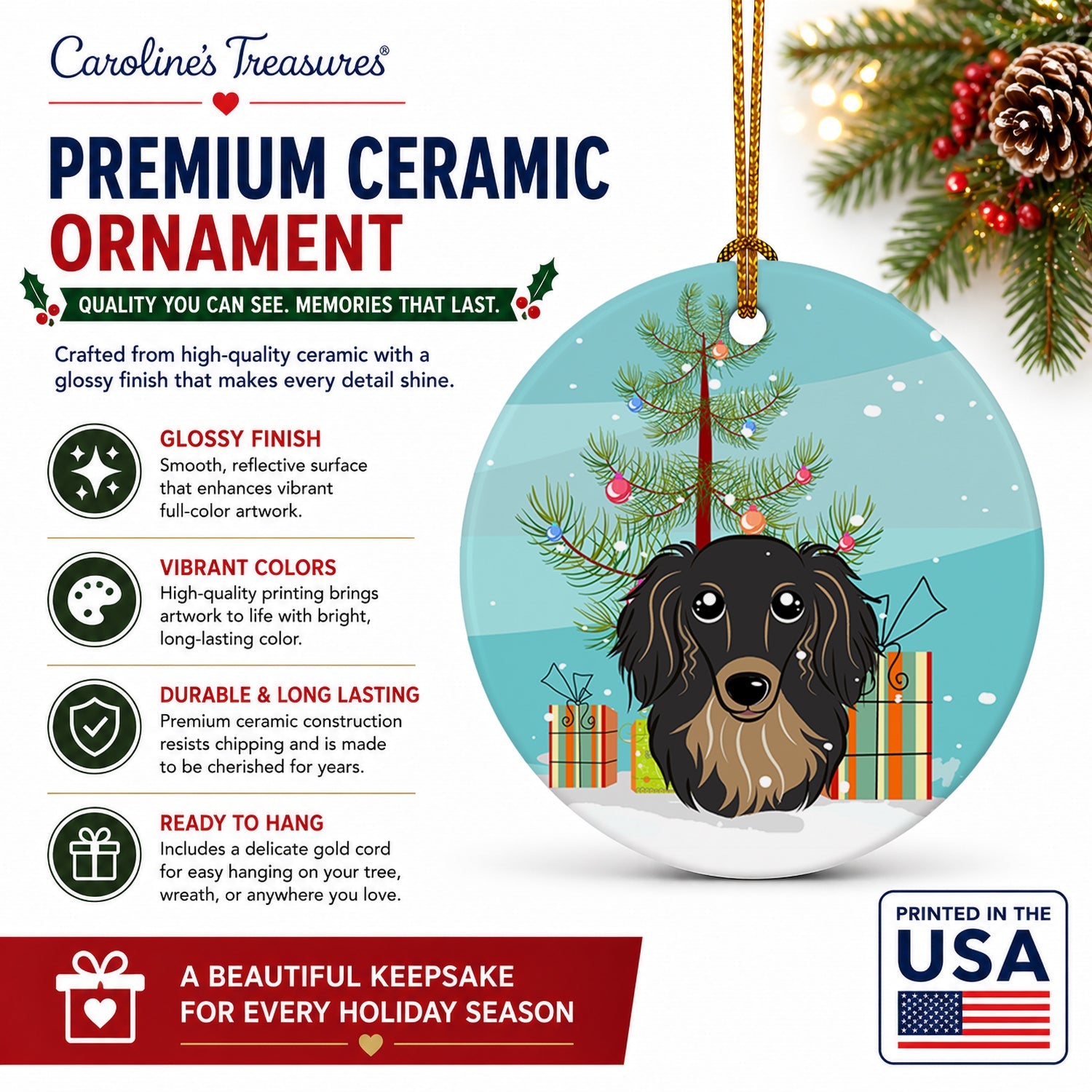 Christmas Tree and Longhair Black and Tan Dachshund Ceramic Ornament Christmas Tree Hanging Decorations for Home Christmas Holiday, Party, Gift, 3 in, Multicolor