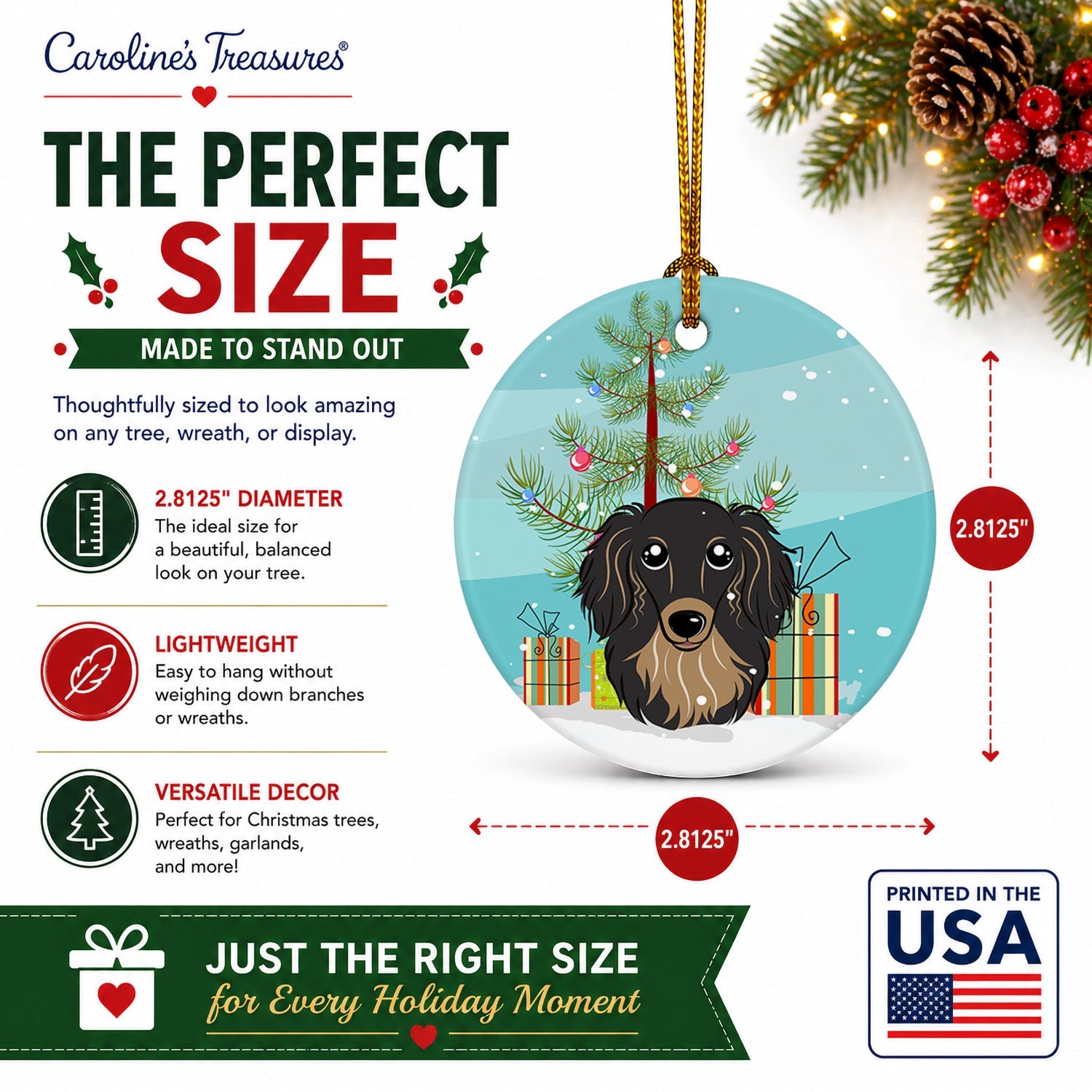 Christmas Tree and Longhair Black and Tan Dachshund Ceramic Ornament Christmas Tree Hanging Decorations for Home Christmas Holiday, Party, Gift, 3 in, Multicolor