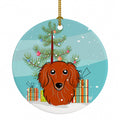 Christmas Tree and Longhair Red Dachshund Ceramic Ornament Christmas Tree Hanging Decorations for Home Christmas Holiday, Party, Gift, 3 in, Multicolor