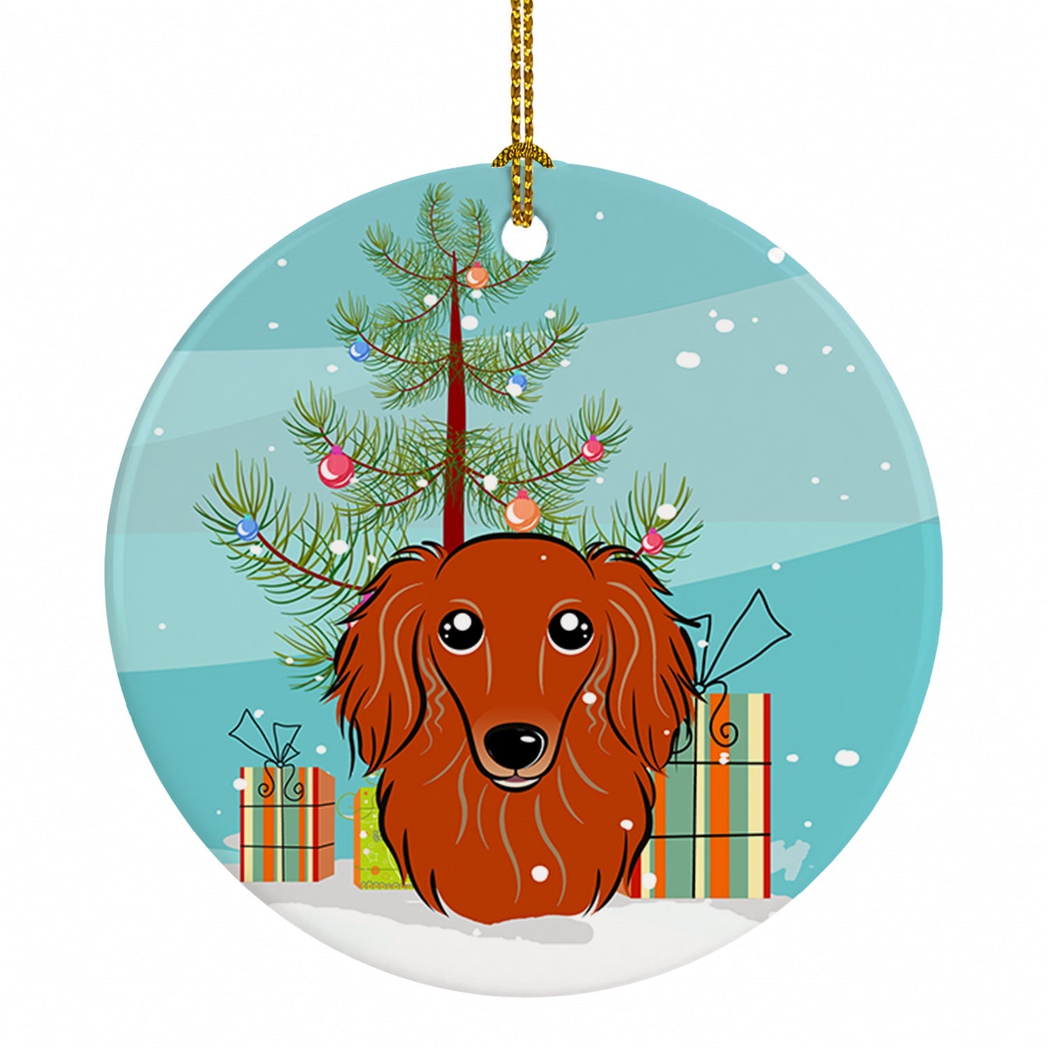 Christmas Tree and Longhair Red Dachshund Ceramic Ornament Christmas Tree Hanging Decorations for Home Christmas Holiday, Party, Gift, 3 in, Multicolor
