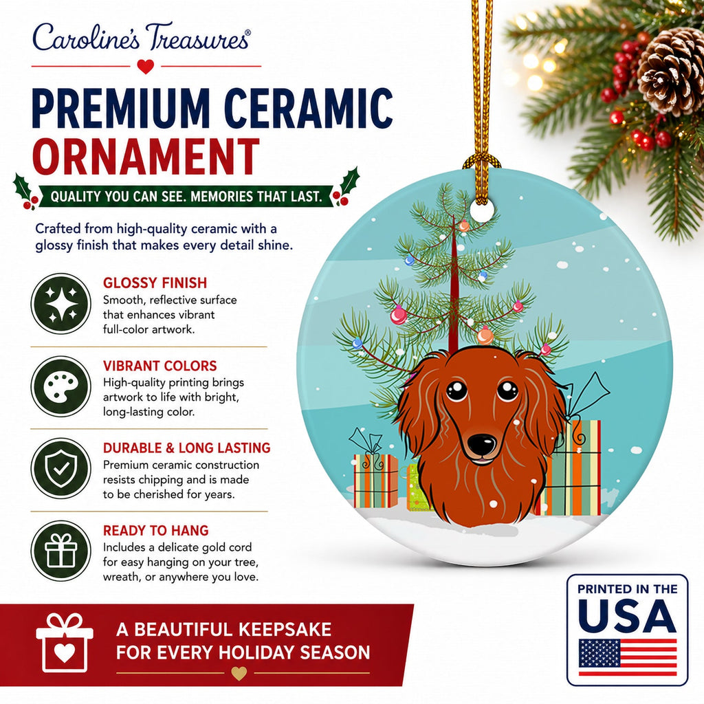 Christmas Tree and Longhair Red Dachshund Ceramic Ornament Christmas Tree Hanging Decorations for Home Christmas Holiday, Party, Gift, 3 in, Multicolor