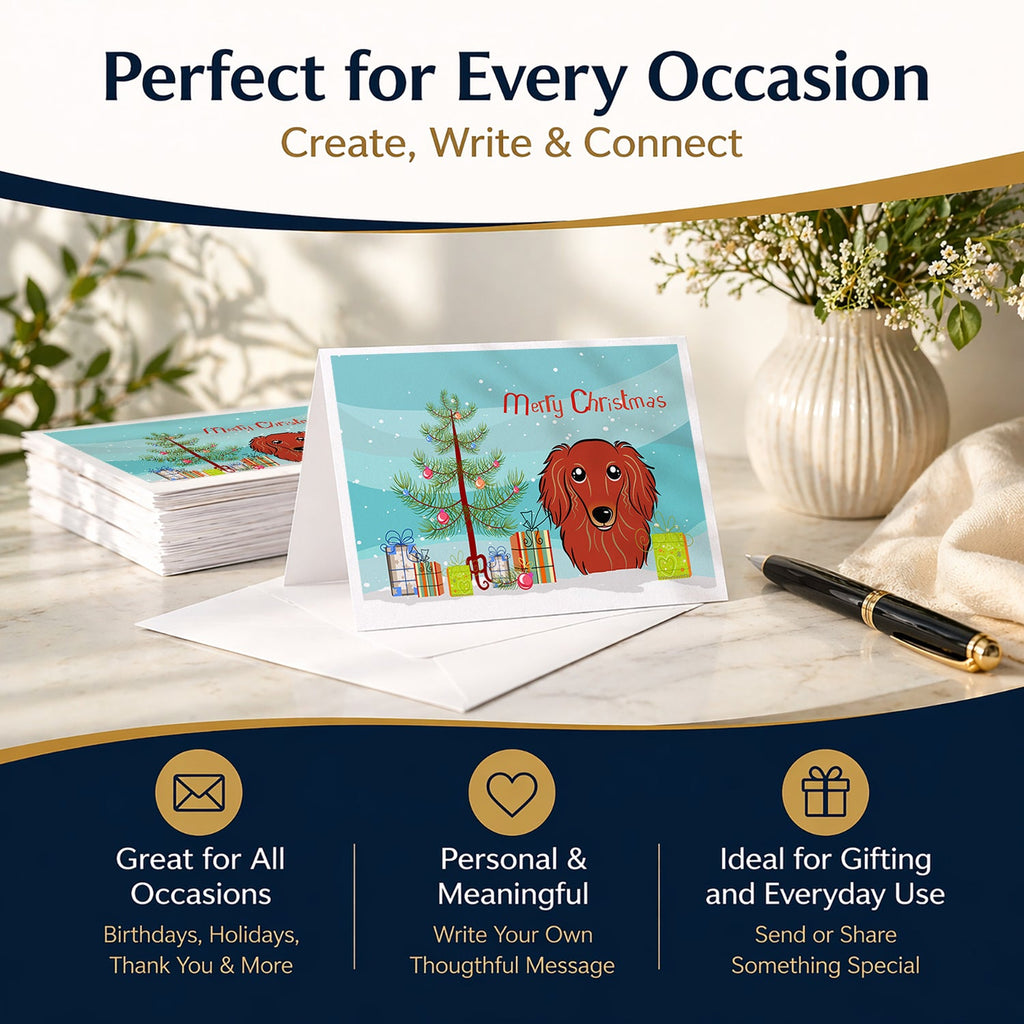 Christmas Tree and Longhair Red Dachshund Greeting Cards Pack of 8 Blank Cards with Envelopes Whimsical A7 Size 5x7
