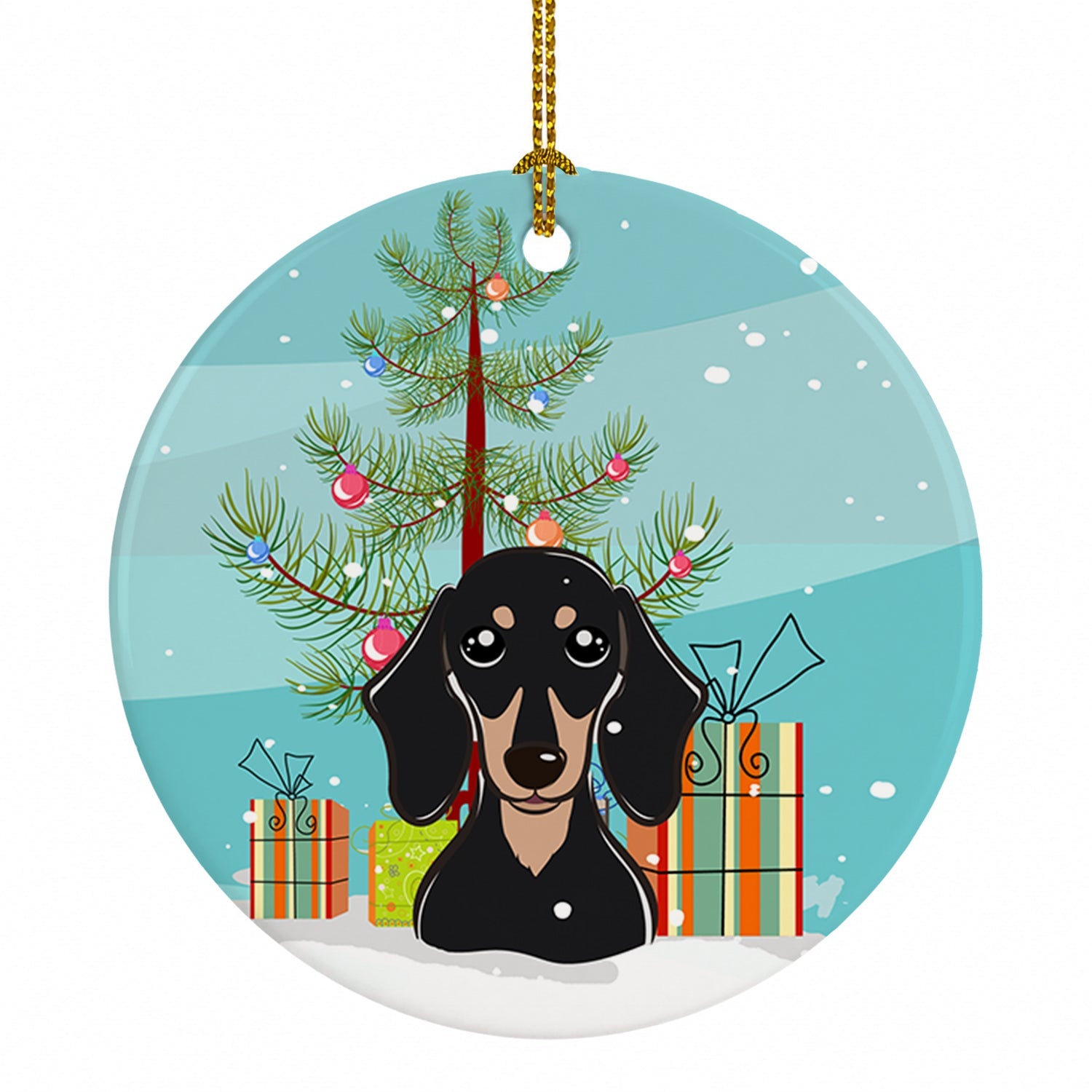 Christmas Tree and Smooth Black and Tan Dachshund Ceramic Ornament Christmas Tree Hanging Decorations for Home Christmas Holiday, Party, Gift, 3 in, Multicolor