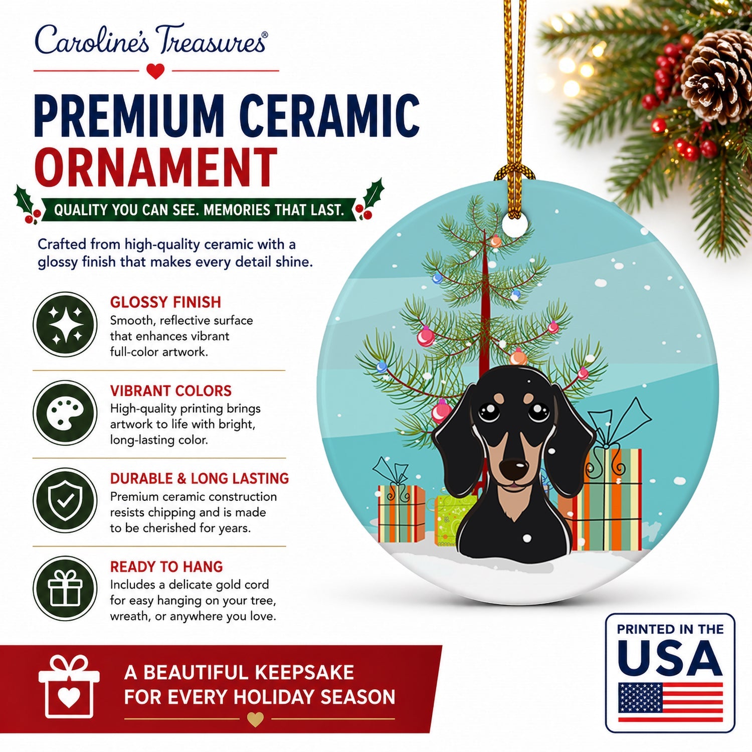 Christmas Tree and Smooth Black and Tan Dachshund Ceramic Ornament Christmas Tree Hanging Decorations for Home Christmas Holiday, Party, Gift, 3 in, Multicolor