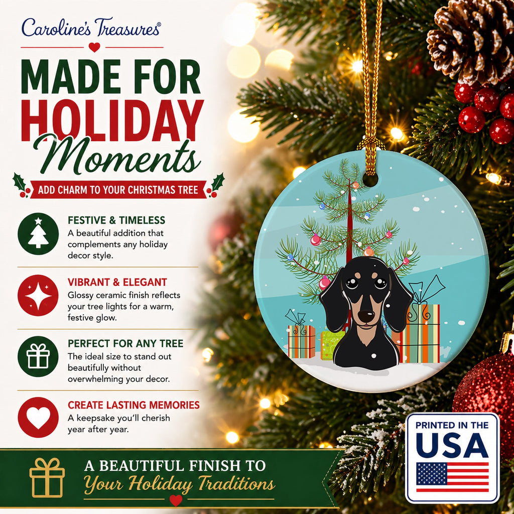 Christmas Tree and Smooth Black and Tan Dachshund Ceramic Ornament Christmas Tree Hanging Decorations for Home Christmas Holiday, Party, Gift, 3 in, Multicolor