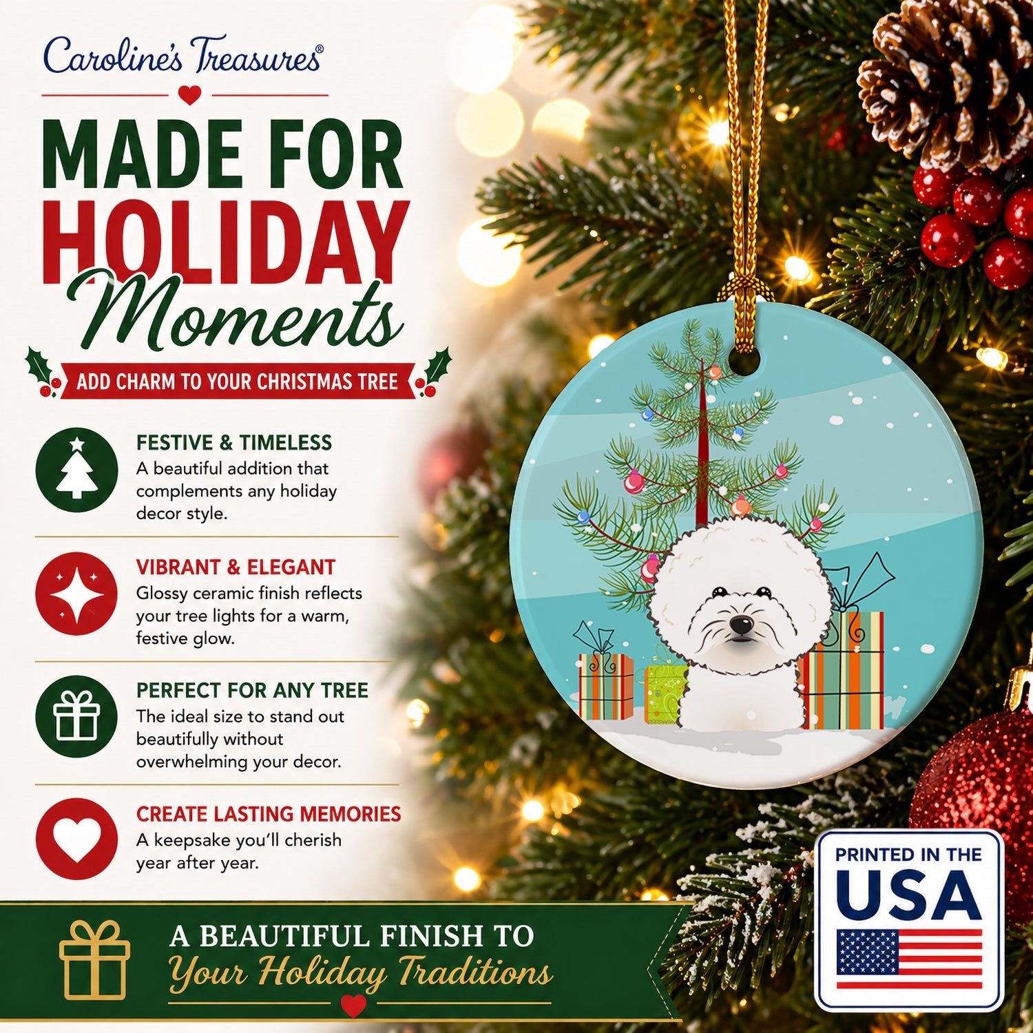 Christmas Tree and Bichon Frise Ceramic Ornament Christmas Tree Hanging Decorations for Home Christmas Holiday, Party, Gift, 3 in, Multicolor