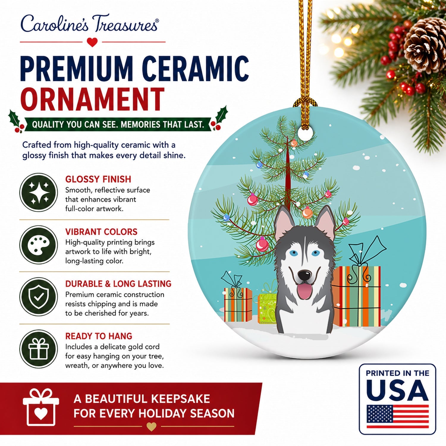 Christmas Tree and Alaskan Malamute Ceramic Ornament Christmas Tree Hanging Decorations for Home Christmas Holiday, Party, Gift, 3 in, Multicolor