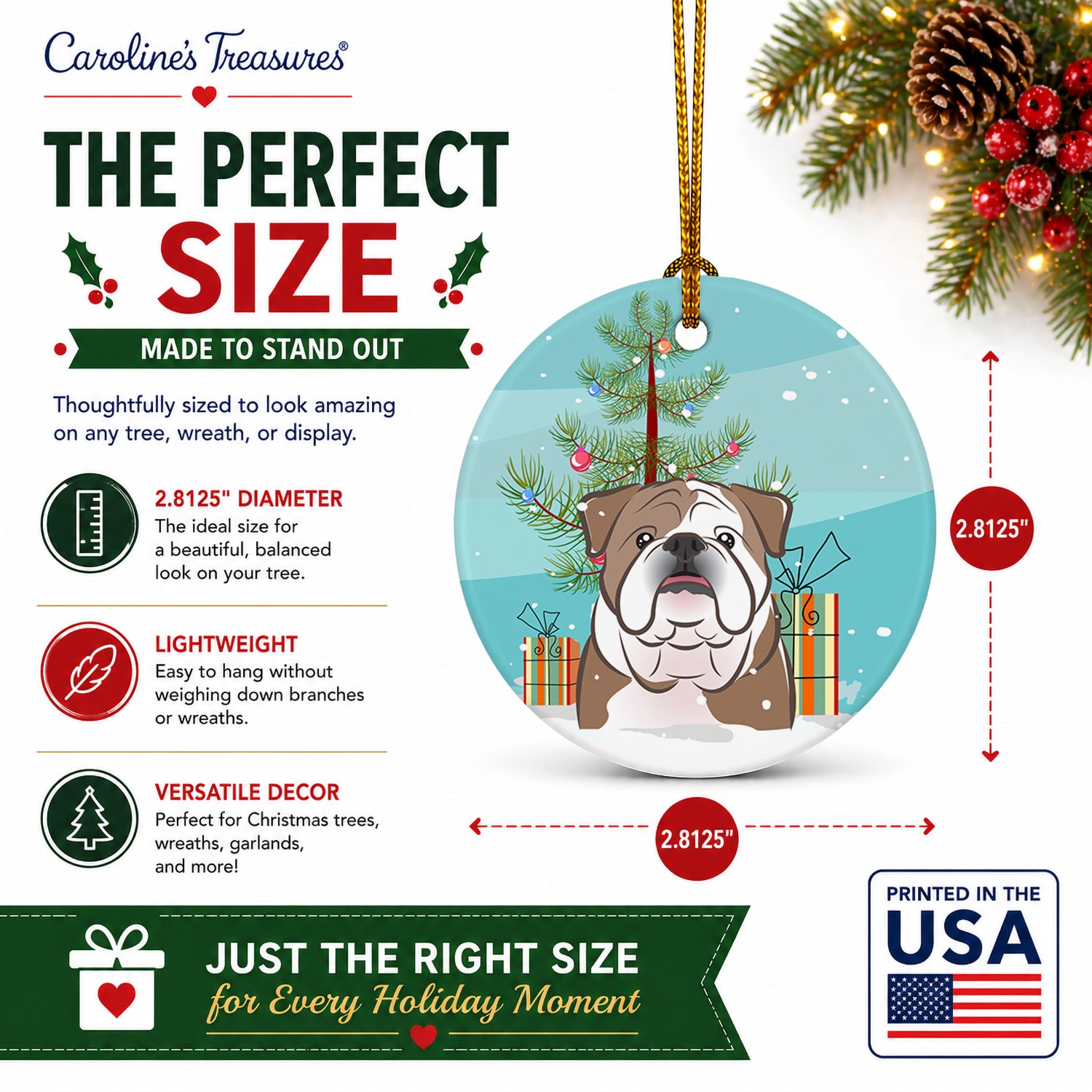 Christmas Tree and English Bulldog  Ceramic Ornament Christmas Tree Hanging Decorations for Home Christmas Holiday, Party, Gift, 3 in, Multicolor