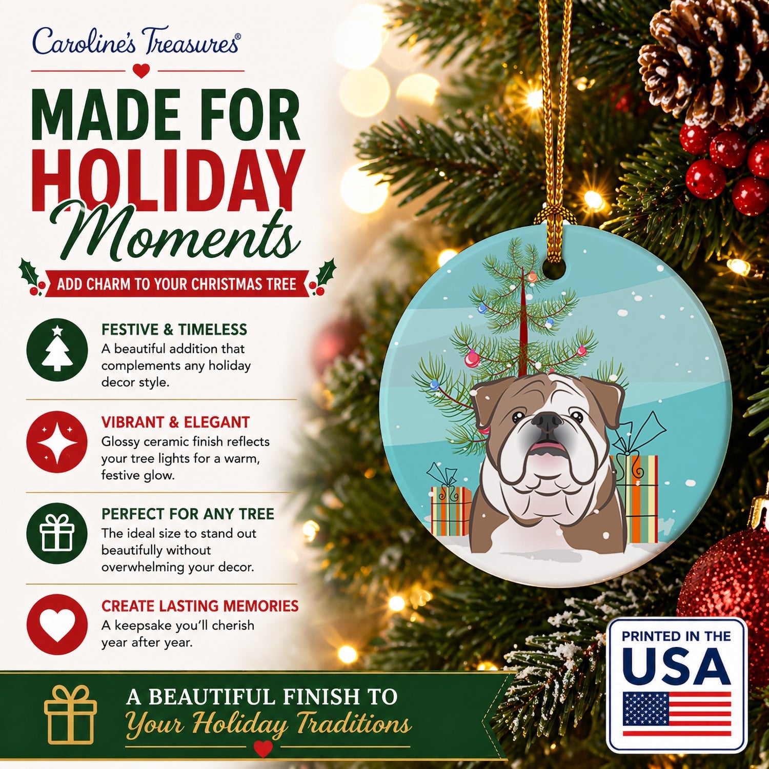 Christmas Tree and English Bulldog  Ceramic Ornament Christmas Tree Hanging Decorations for Home Christmas Holiday, Party, Gift, 3 in, Multicolor