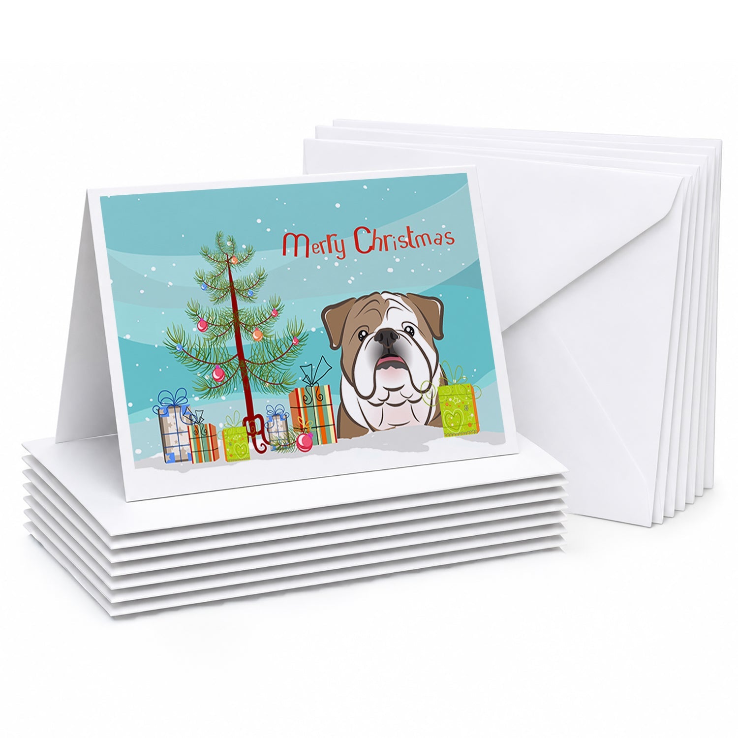 Christmas Tree and English Bulldog  Greeting Cards Pack of 8 Blank Cards with Envelopes Whimsical A7 Size 5x7