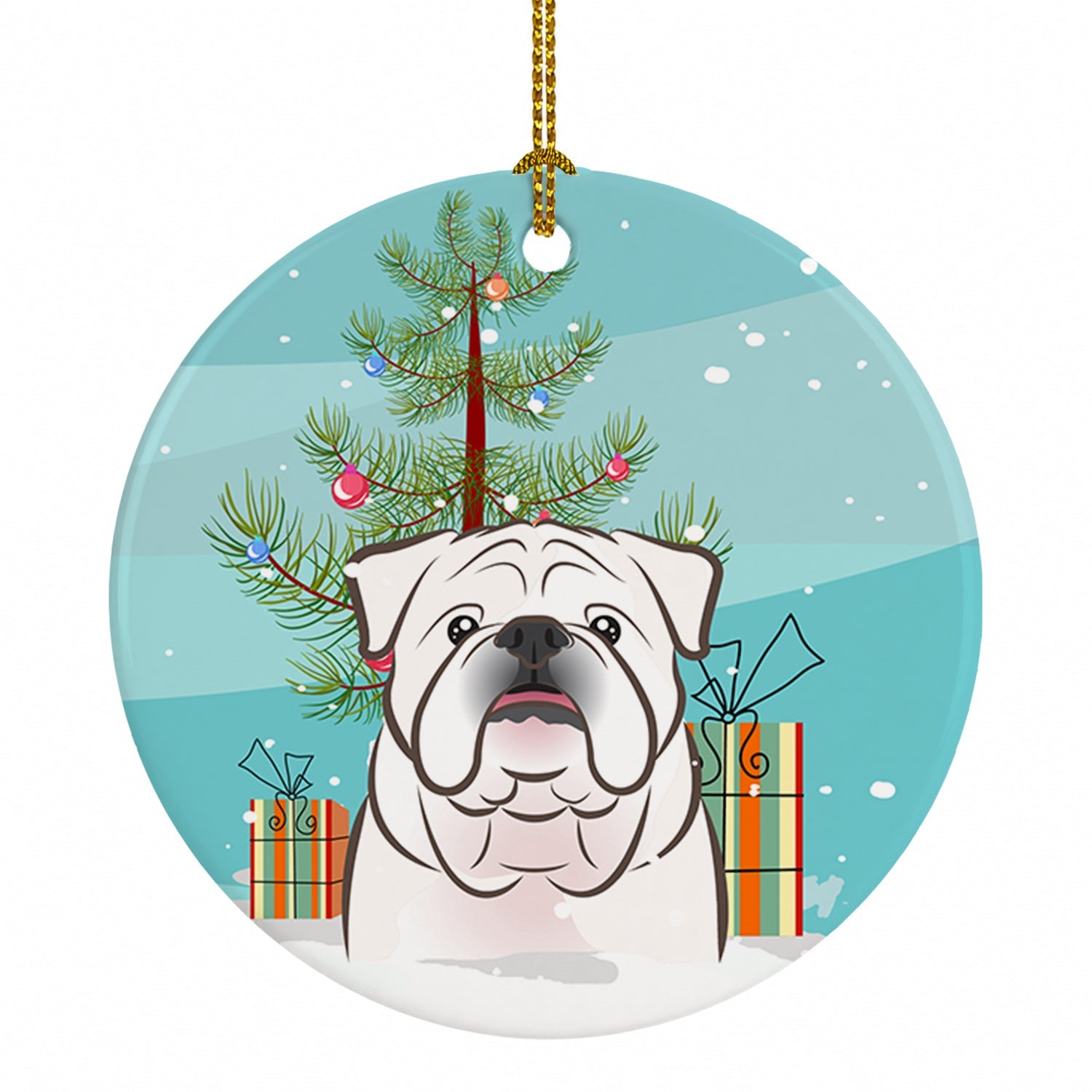 Christmas Tree and White English Bulldog  Ceramic Ornament Christmas Tree Hanging Decorations for Home Christmas Holiday, Party, Gift, 3 in, Multicolor
