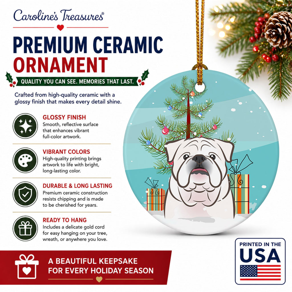 Christmas Tree and White English Bulldog  Ceramic Ornament Christmas Tree Hanging Decorations for Home Christmas Holiday, Party, Gift, 3 in, Multicolor