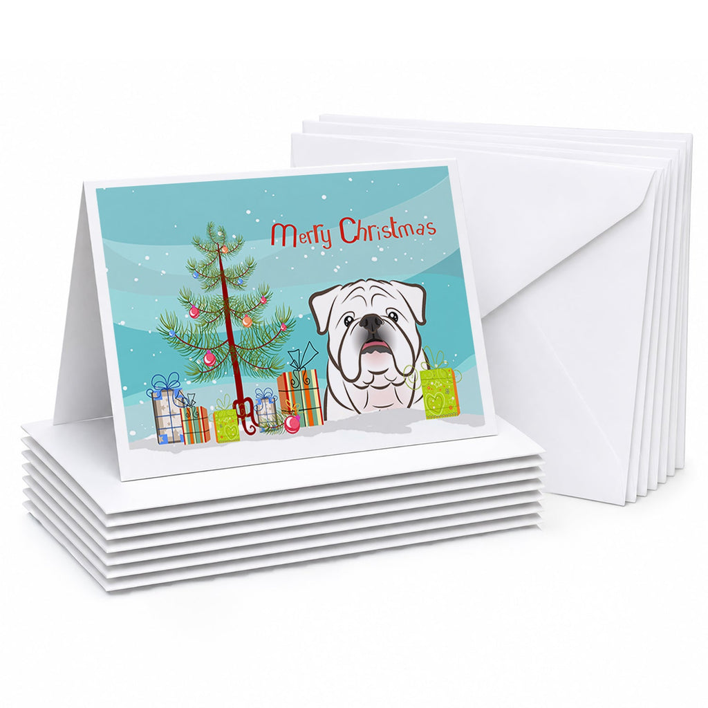 Christmas Tree and White English Bulldog  Greeting Cards Pack of 8 Blank Cards with Envelopes Whimsical A7 Size 5x7