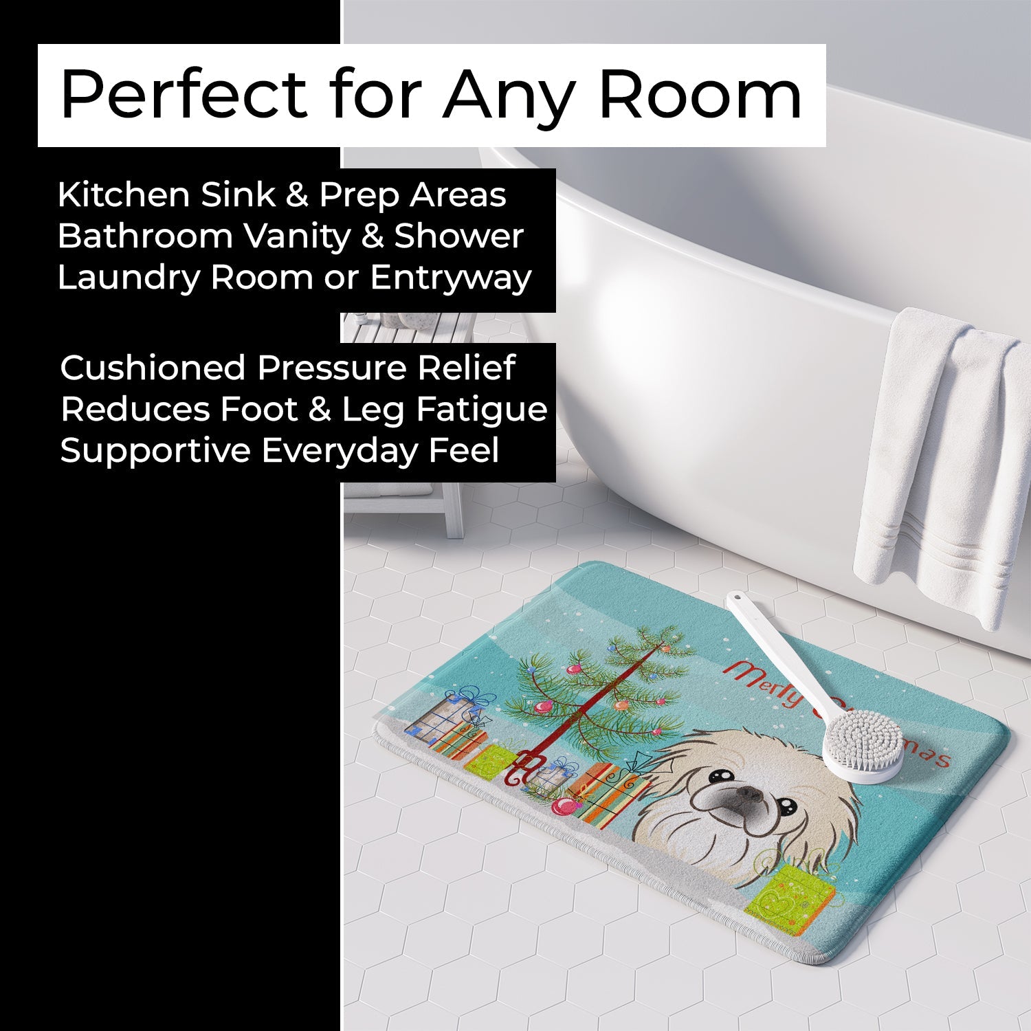 Christmas Tree and Pekingese Memory Foam Kitchen Mat Machine Washable Anti-Fatigue Cushion Comfort Bath or Kitchen Rug