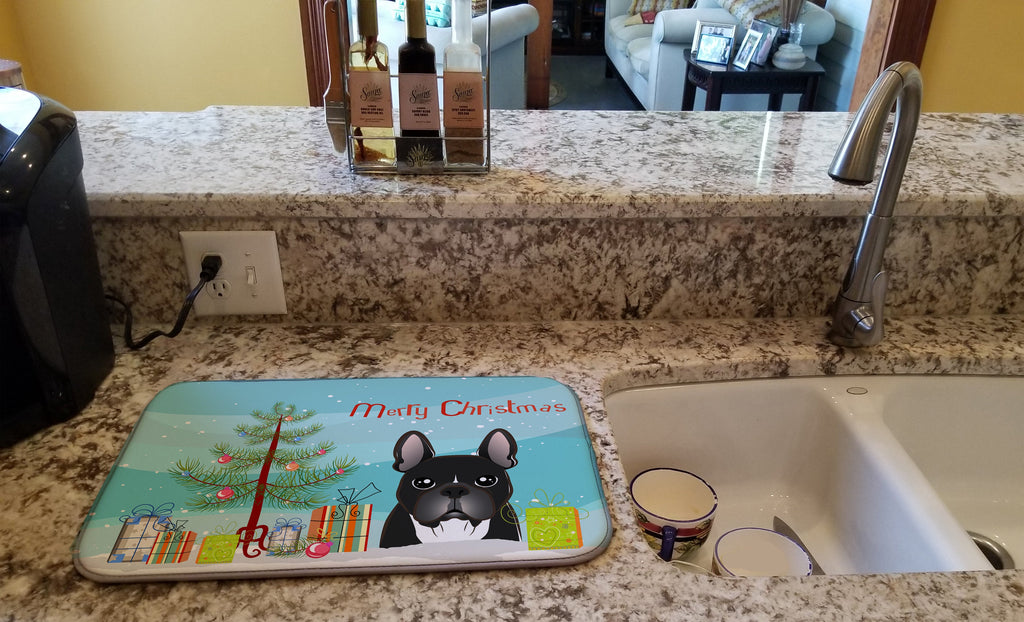 Christmas Tree and French Bulldog Dish Drying Mat Absorbent Dish Drying Mat Pad for Kitchen Counter Dish Drainer Mat for Countertop, 14 x 21", Multicolor