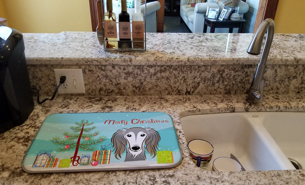 Christmas Tree and Saluki Dish Drying Mat Absorbent Dish Drying Mat Pad for Kitchen Counter Dish Drainer Mat for Countertop, 14 x 21", Multicolor