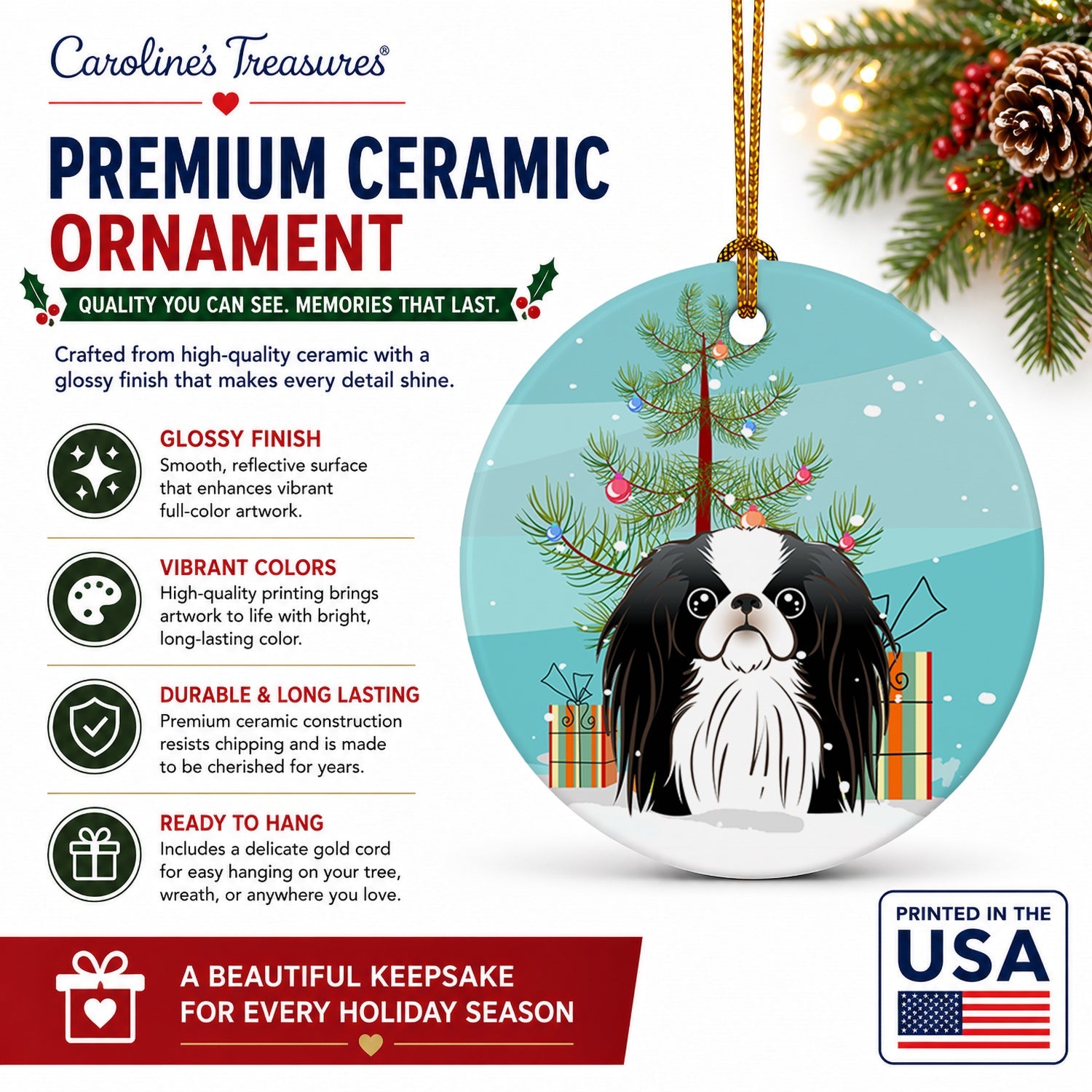 Christmas Tree and Japanese Chin Ceramic Ornament Christmas Tree Hanging Decorations for Home Christmas Holiday, Party, Gift, 3 in, Multicolor