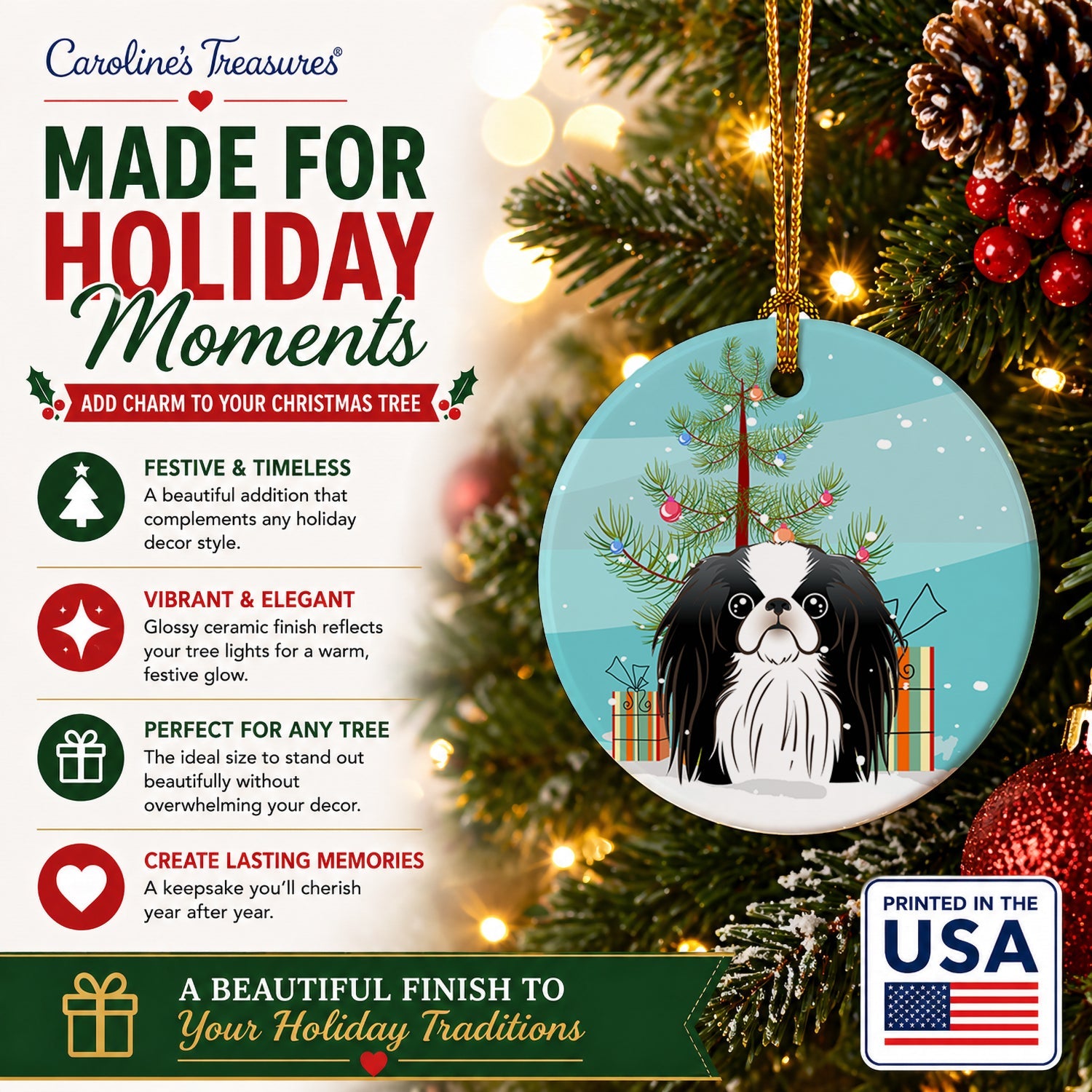 Christmas Tree and Japanese Chin Ceramic Ornament Christmas Tree Hanging Decorations for Home Christmas Holiday, Party, Gift, 3 in, Multicolor