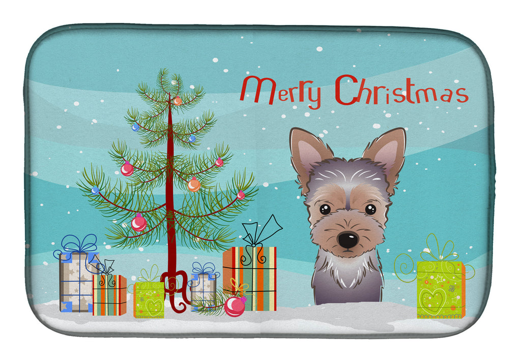 Christmas Tree and Yorkie Puppy Dish Drying Mat Absorbent Dish Drying Mat Pad for Kitchen Counter Dish Drainer Mat for Countertop, 14 x 21", Multicolor