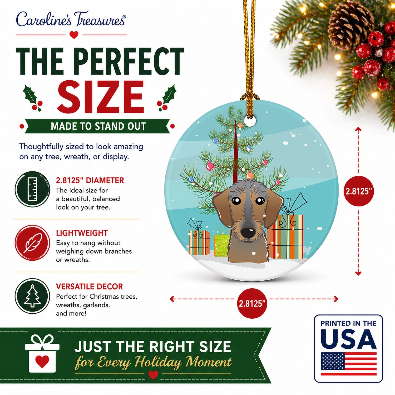 Christmas Tree and Wirehaired Dachshund Ceramic Ornament Christmas Tree Hanging Decorations for Home Christmas Holiday, Party, Gift, 3 in, Multicolor