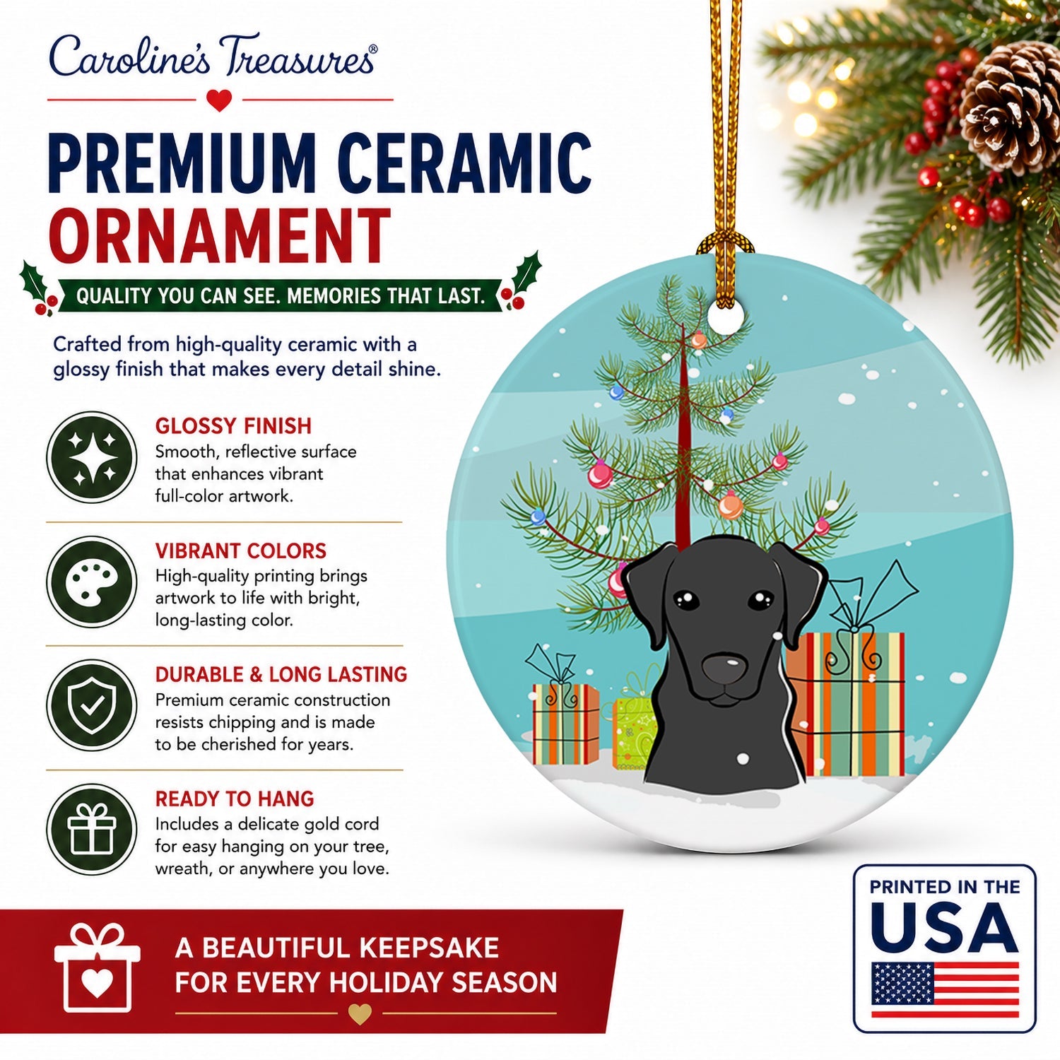 Christmas Tree and Black Labrador Ceramic Ornament Christmas Tree Hanging Decorations for Home Christmas Holiday, Party, Gift, 3 in, Multicolor