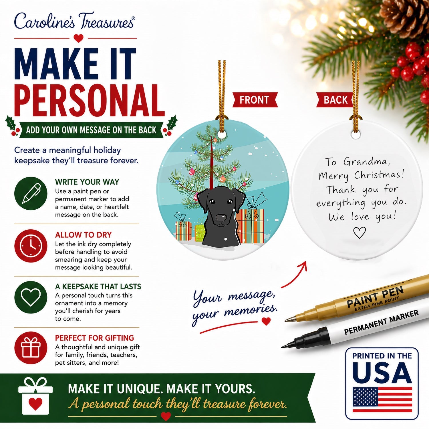 Christmas Tree and Black Labrador Ceramic Ornament Christmas Tree Hanging Decorations for Home Christmas Holiday, Party, Gift, 3 in, Multicolor
