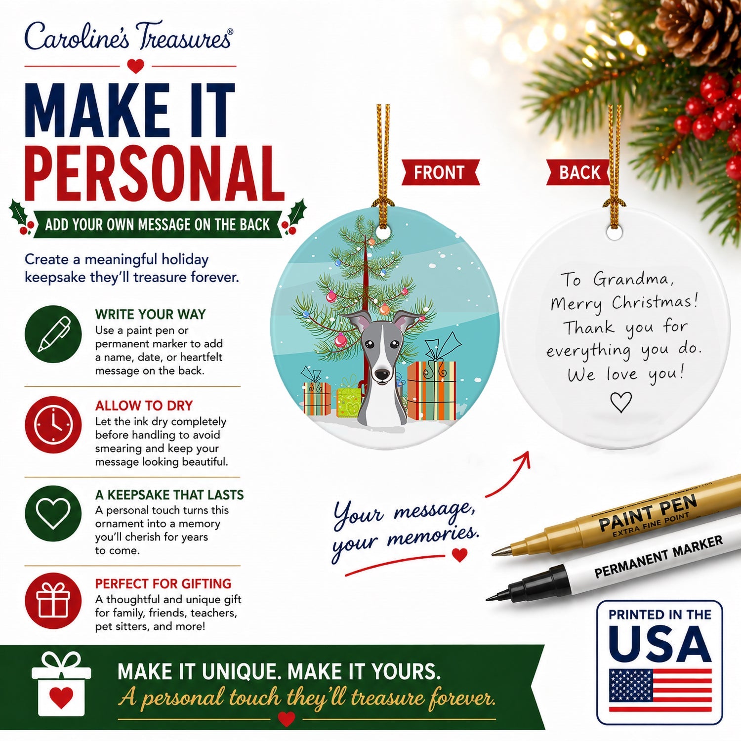 Christmas Tree and Italian Greyhound Ceramic Ornament Christmas Tree Hanging Decorations for Home Christmas Holiday, Party, Gift, 3 in, Multicolor