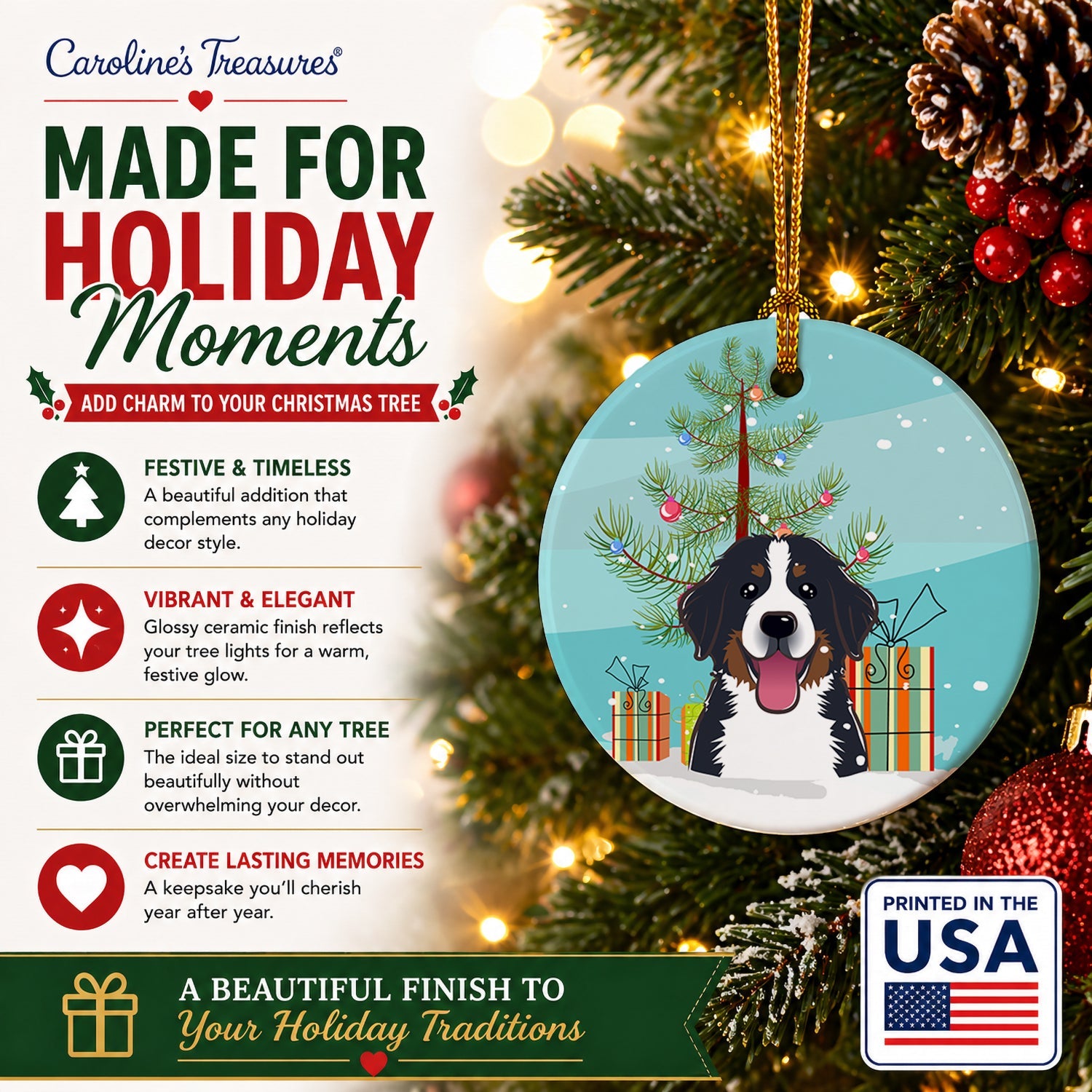 Christmas Tree and Bernese Mountain Dog Ceramic Ornament Christmas Tree Hanging Decorations for Home Christmas Holiday, Party, Gift, 3 in, Multicolor