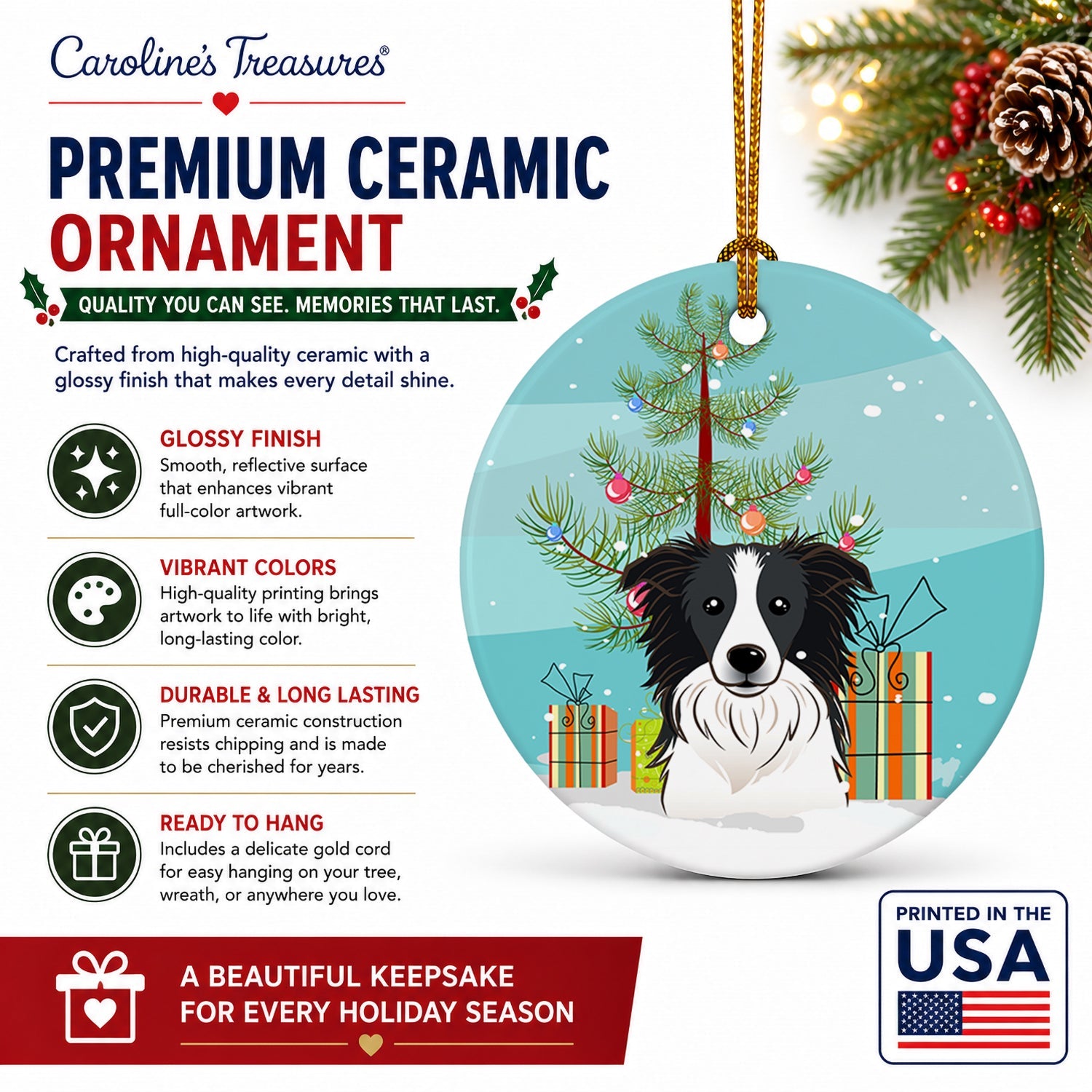 Christmas Tree and Border Collie Ceramic Ornament Christmas Tree Hanging Decorations for Home Christmas Holiday, Party, Gift, 3 in, Multicolor