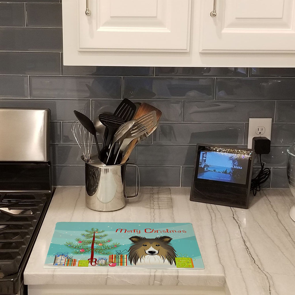 Christmas Tree and Sheltie Cutting Board Tempered Glass Kitchen Cutting Surface, Heat Resistant Chopping, Non-Slip Feet, Food Prep & Serving