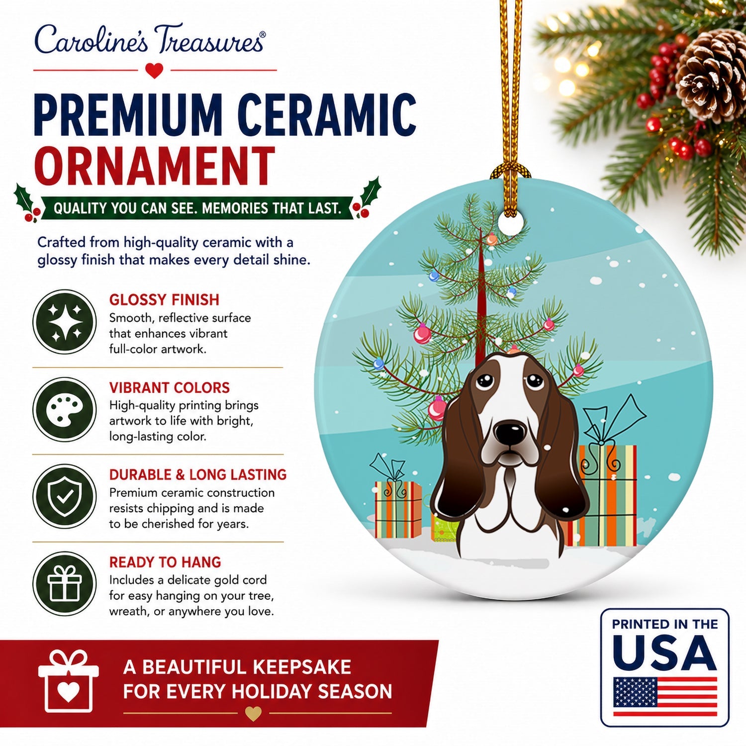 Christmas Tree and Basset Hound Ceramic Ornament Christmas Tree Hanging Decorations for Home Christmas Holiday, Party, Gift, 3 in, Multicolor