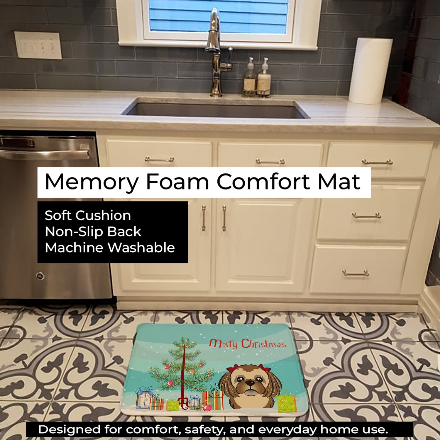 Christmas Tree and Chocolate Brown Shih Tzu Memory Foam Kitchen Mat Machine Washable Anti-Fatigue Cushion Comfort Bath or Kitchen Rug