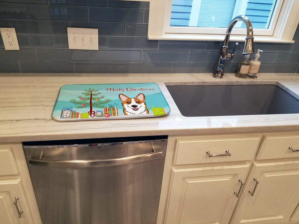 Christmas Tree and Red Corgi Dish Drying Mat Absorbent Dish Drying Mat Pad for Kitchen Counter Dish Drainer Mat for Countertop, 14 x 21", Multicolor