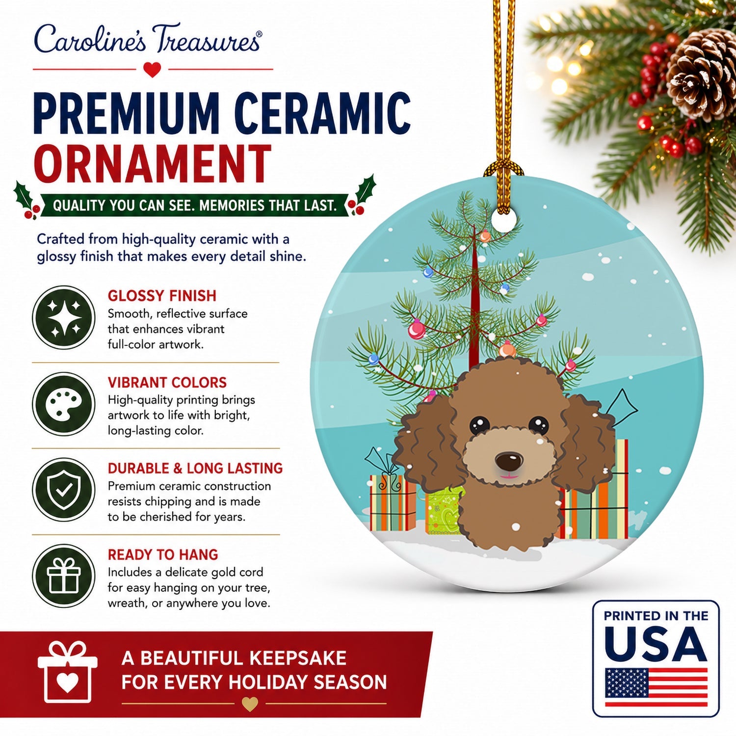 Christmas Tree and Chocolate Brown Poodle Ceramic Ornament Christmas Tree Hanging Decorations for Home Christmas Holiday, Party, Gift, 3 in, Multicolor