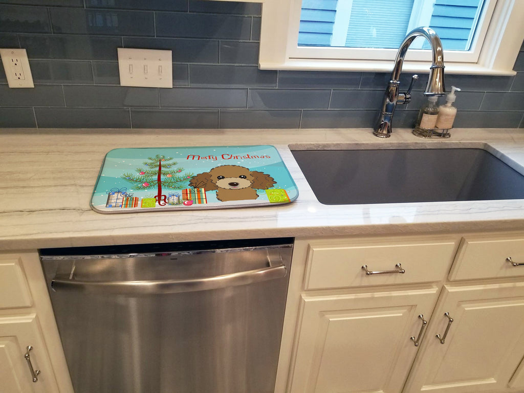 Christmas Tree and Chocolate Brown Poodle Dish Drying Mat Absorbent Dish Drying Mat Pad for Kitchen Counter Dish Drainer Mat for Countertop, 14 x 21", Multicolor