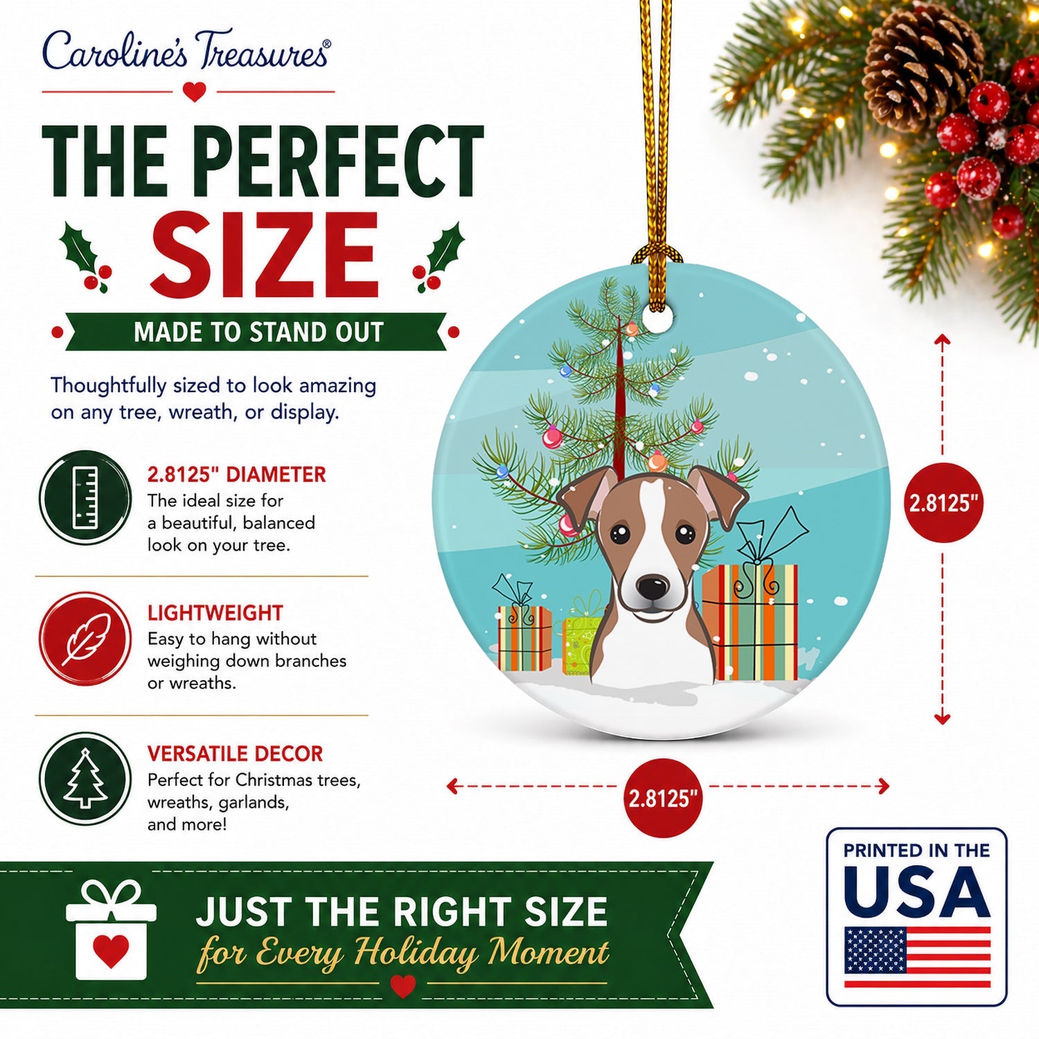 Christmas Tree and Jack Russell Terrier Ceramic Ornament Christmas Tree Hanging Decorations for Home Christmas Holiday, Party, Gift, 3 in, Multicolor
